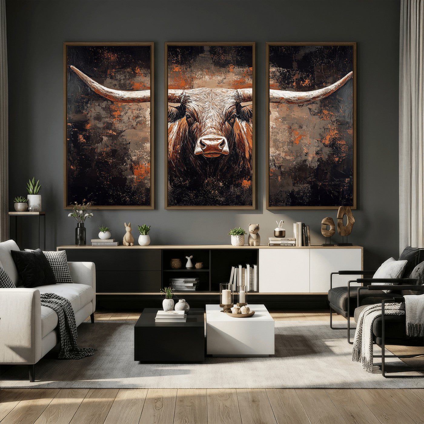 24779067-MGV-CV-36X24 - Rustic Longhorn Bull Wall Art Canvas Print – Vintage Western Cattle Painting, Texas Steer Artwork