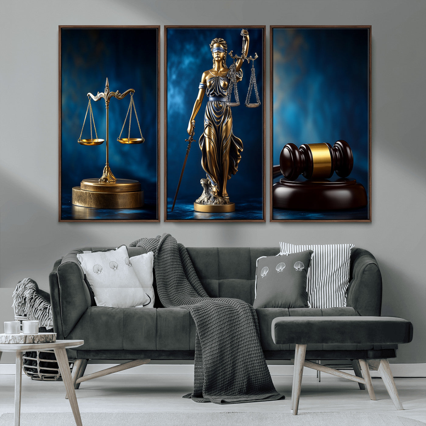33888279-MGV-FP-36X24-3P_Walnut-Lady Justice Wall Art Canvas Print – Elegant Gold Legal Symbols Blue Background, Perfect for Law