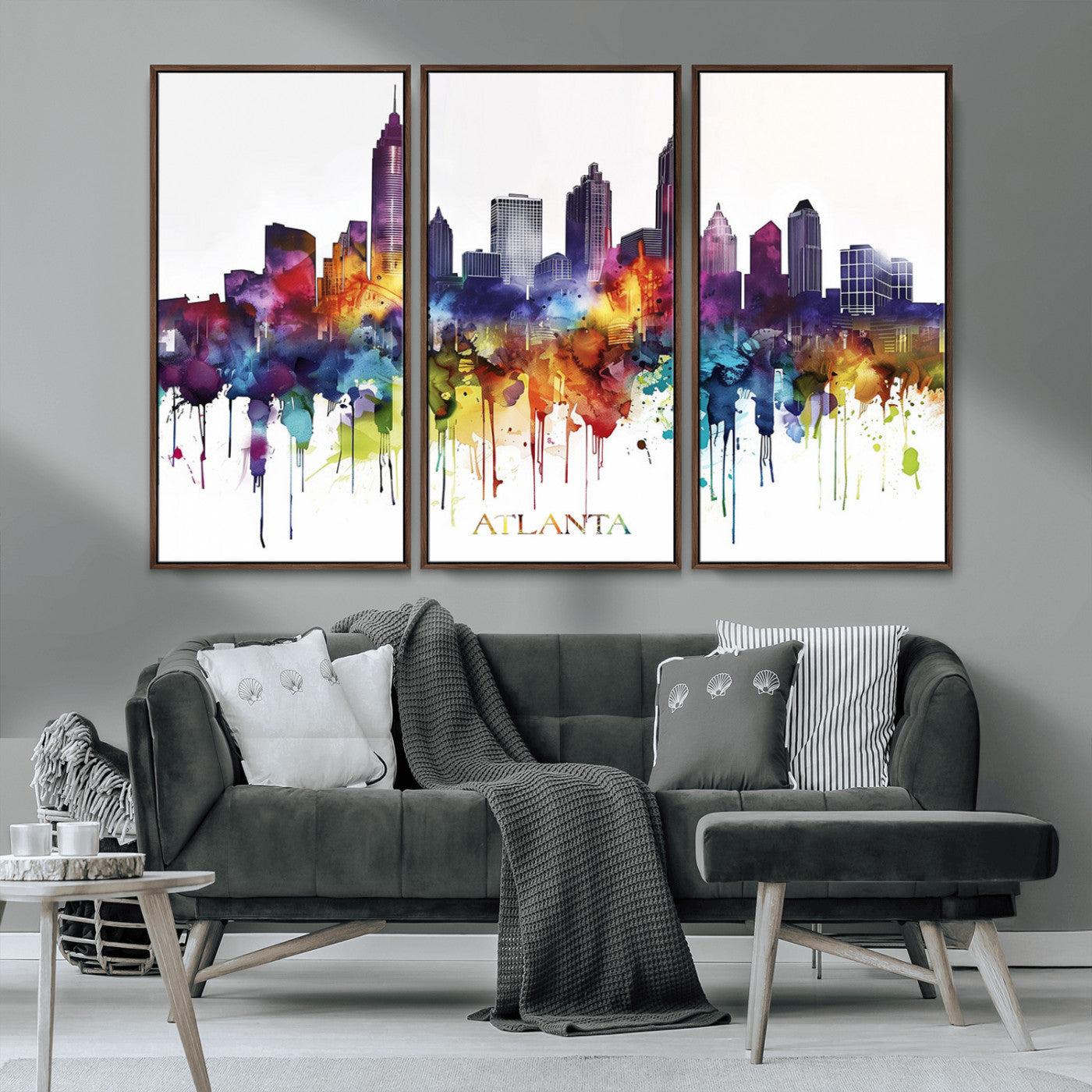 36048320-MGV-CV-36X24-Atlanta Skyline Wall Art Canvas Print – Framed Colorful Watercolor Cityscape Abstract Urban Artwork for Home, Office
