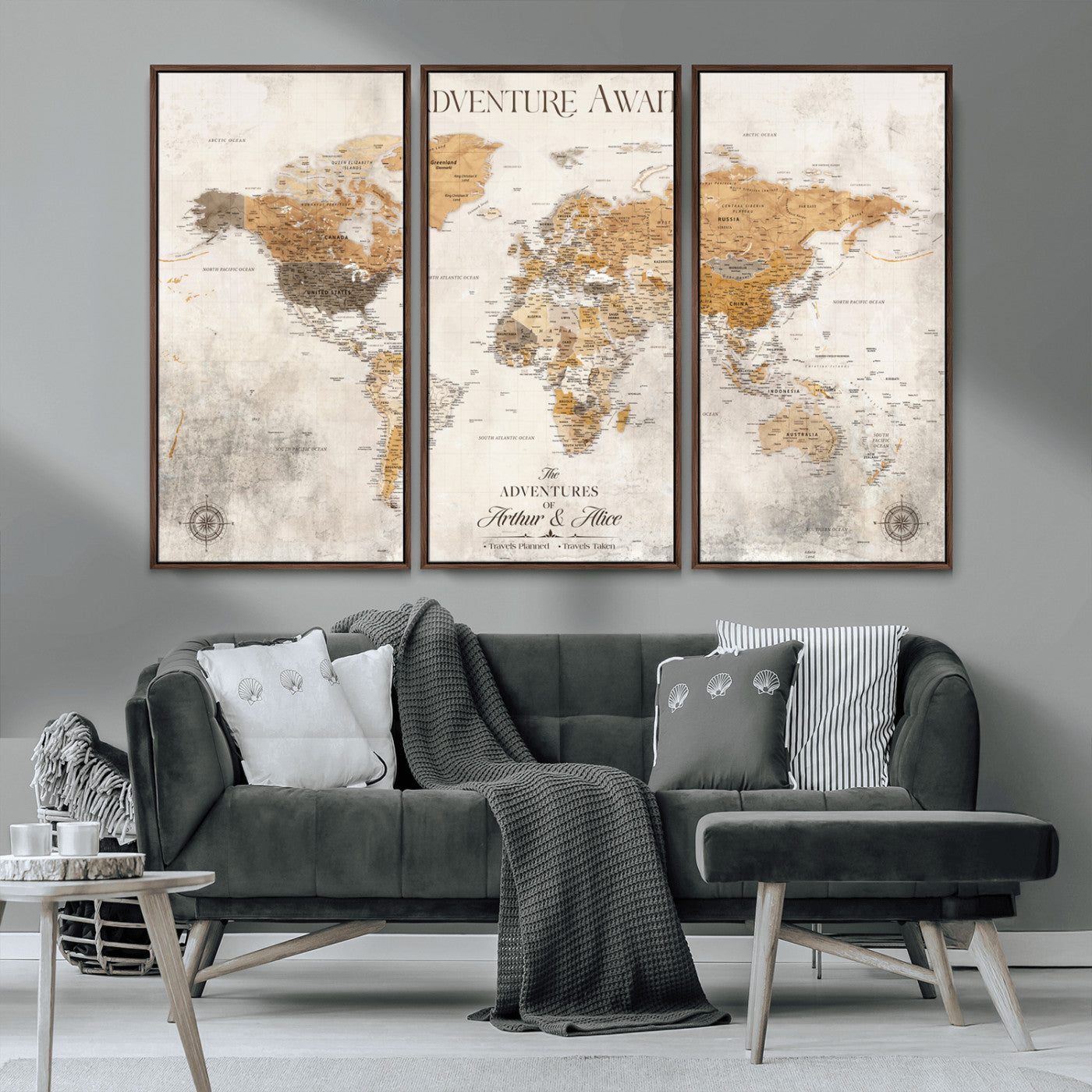 Rehber01-MGV-CV-36X24-Personalized World Map Canvas Print – Custom Push Pin Travel Map Vintage Neutral Style Gift for Couples Travelers for Home Office