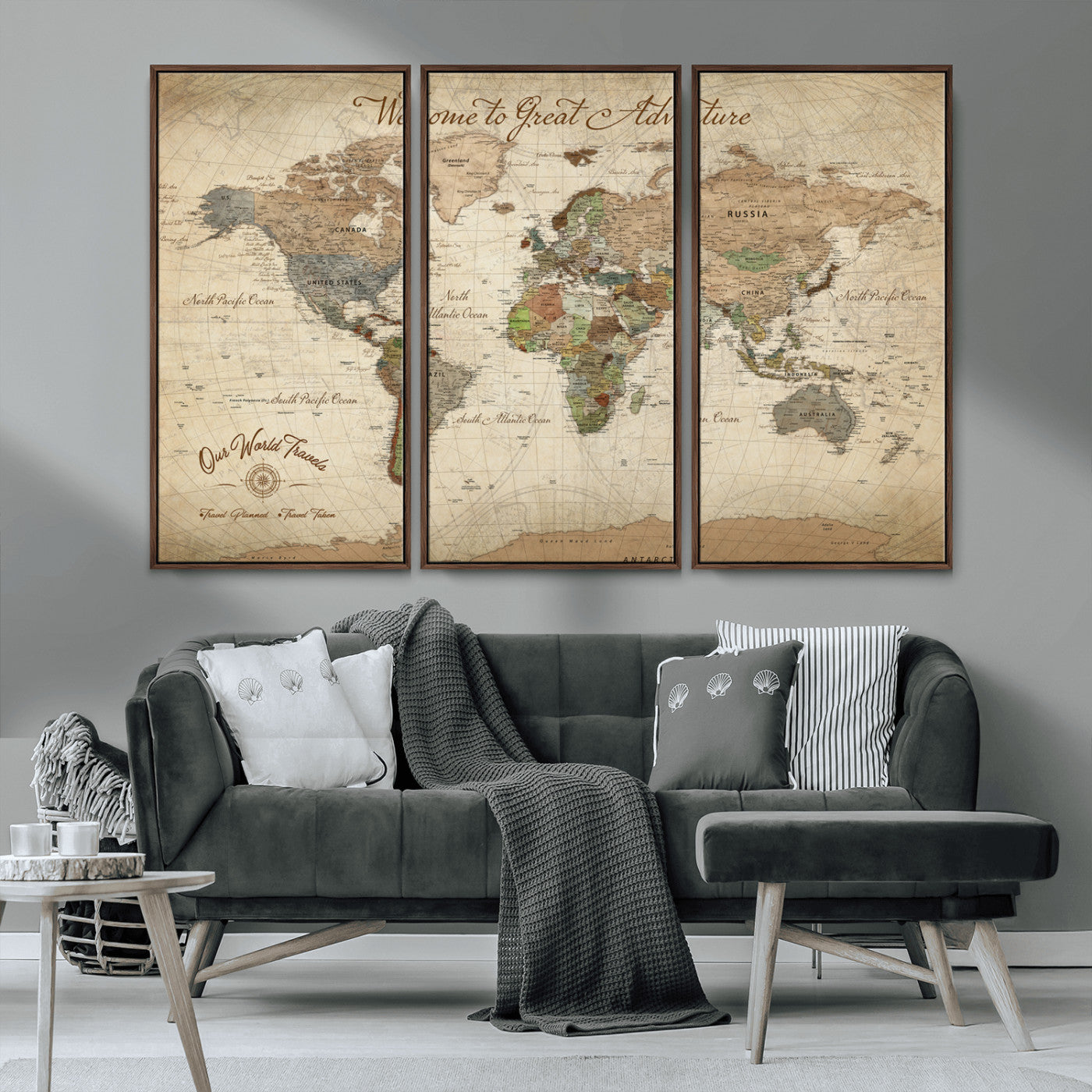 -Personalized Antique World Map Canvas Print – Custom Push Pin Travel Tracker Vintage Adventure Gift for Couples for Home, Office