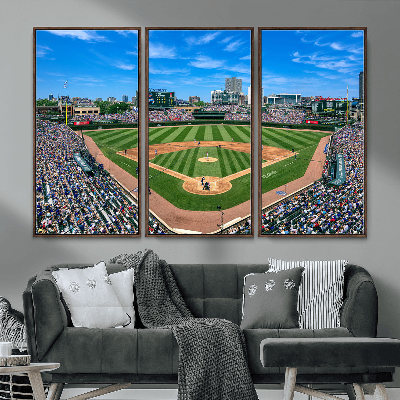 35800083-MGV-FC-48X32-3P - Wrigley Field Baseball Stadium Canvas Wall Art – Packed Crowd Sports Stadium City Skyline Artwork for Home Office