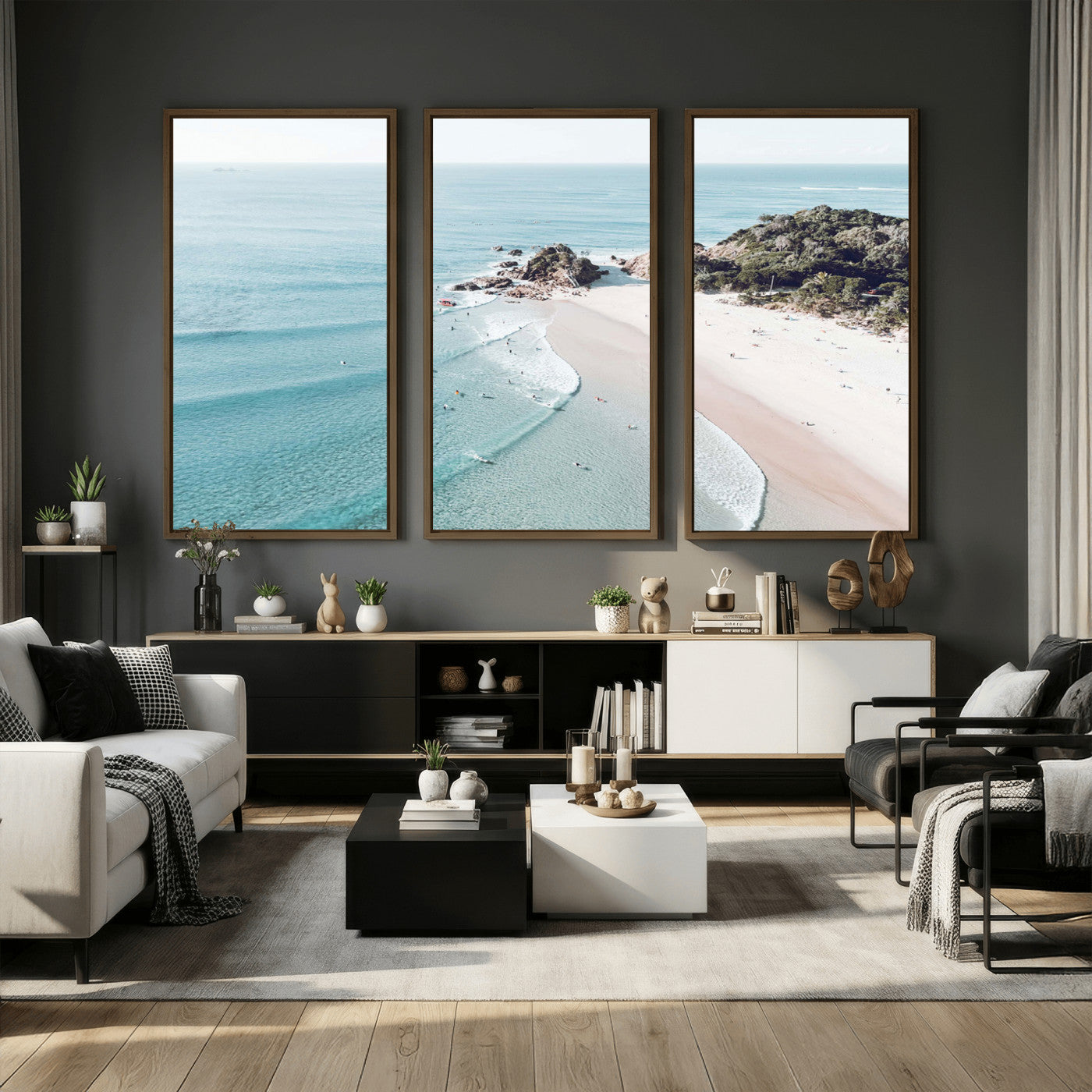 79395467-MGV-CV-36X24 - Aerial Beach Wall Art Canvas Print, Coastal Ocean Waves and Surfers Scenic Seaside Artwork for Home, Office Decor