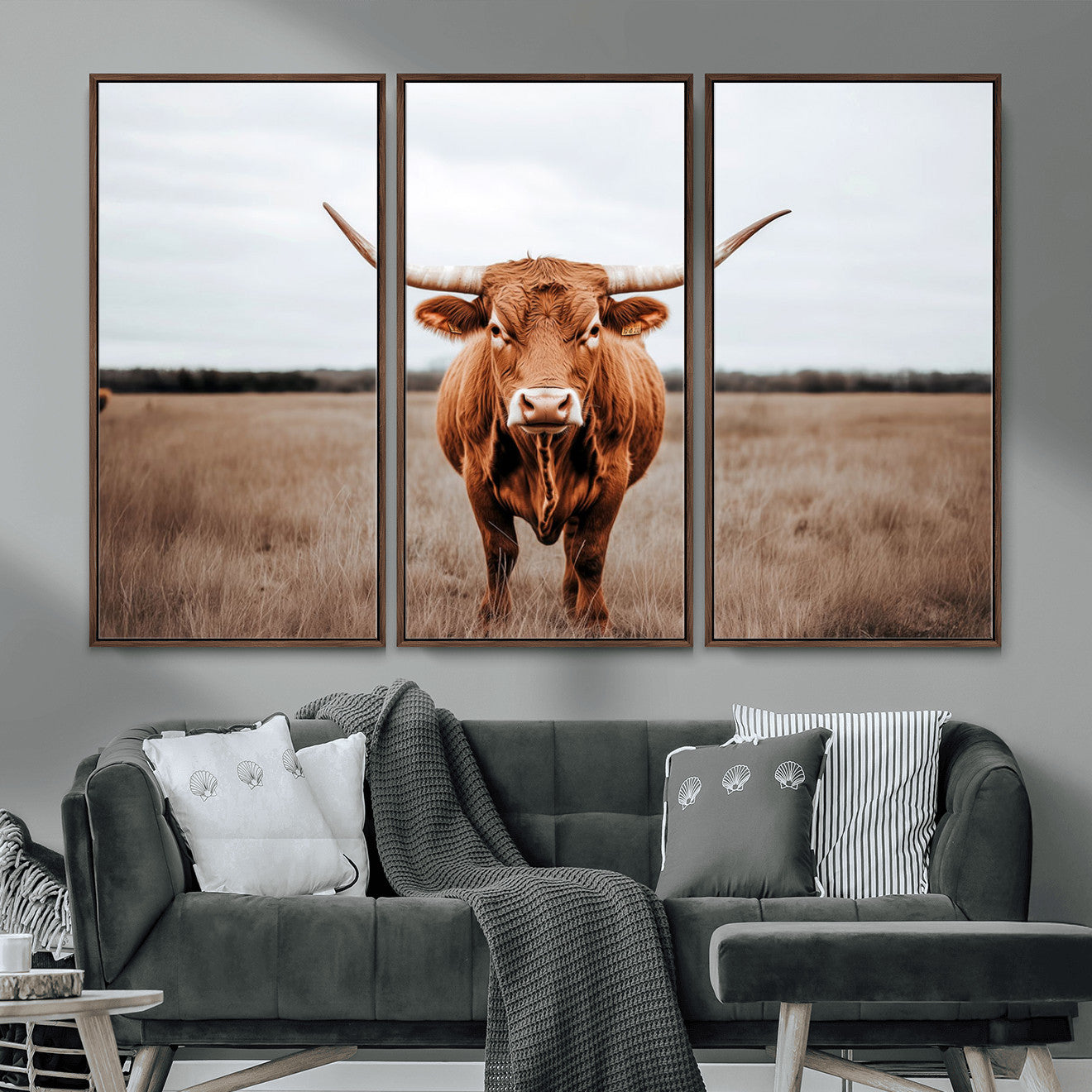 16316734-MGV-FC-48X32-3P - Longhorn bull, open field, rustic charm, natural beauty, Wall Art Canvas Print, countryside,