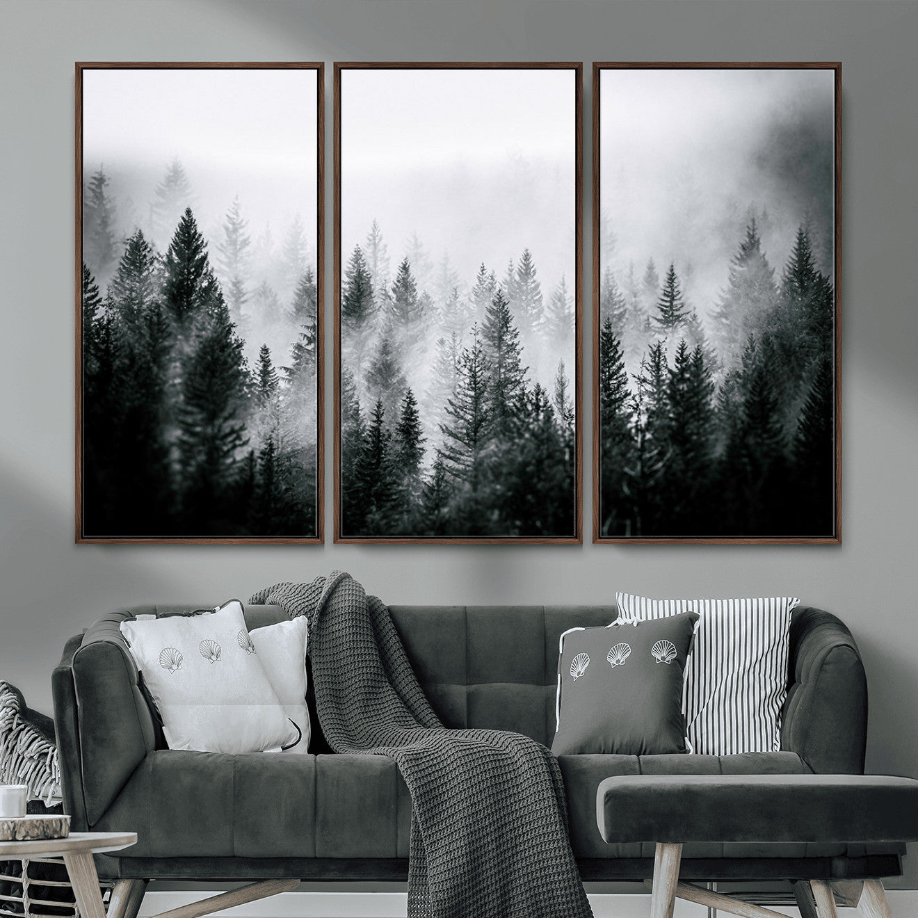 87750525-MGV-CV-36X24-Foggy Pine Forest Wall Art – Black White Nature Landscape Canvas Artwork, Misty Trees Design, Modern Decor for Home, Office
