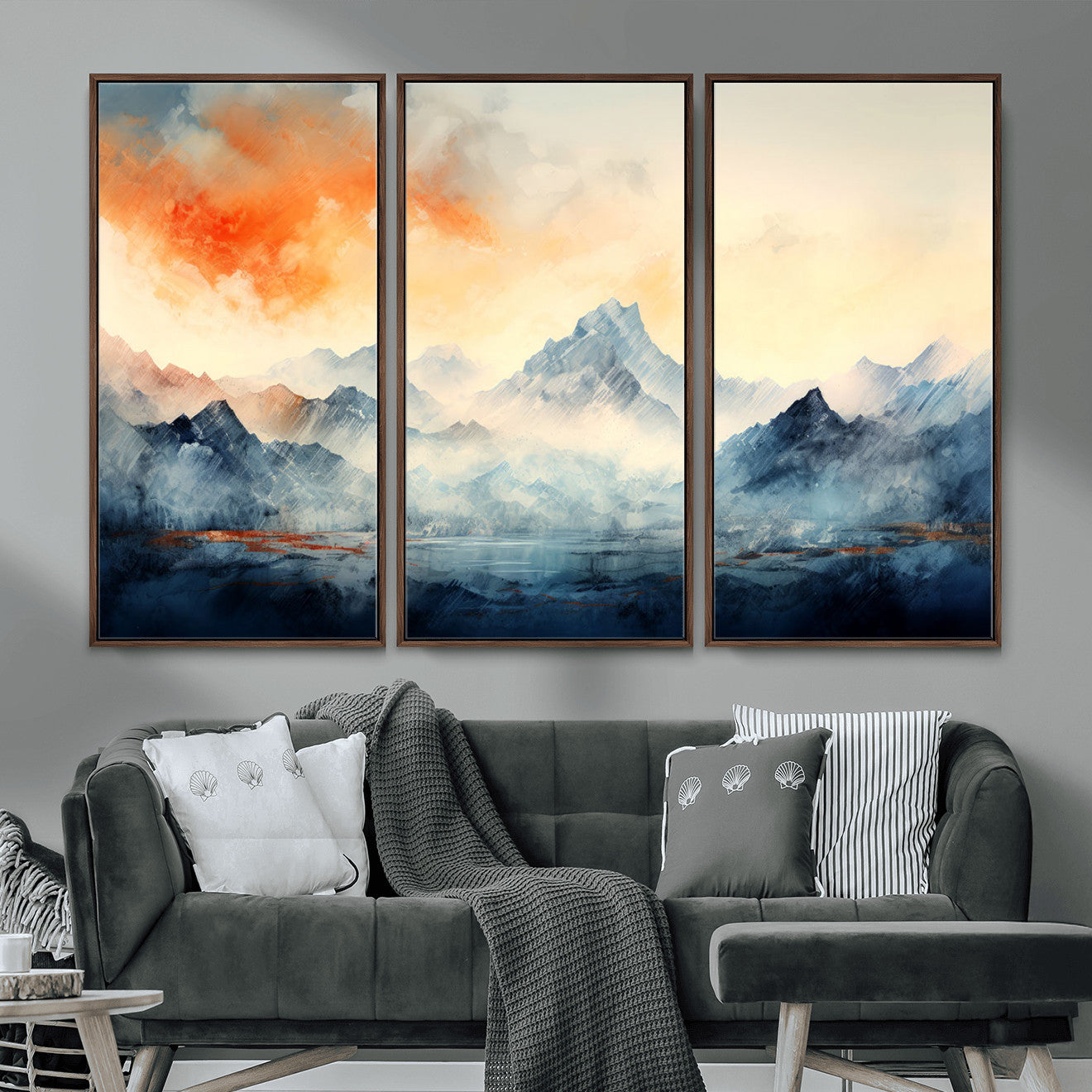WRM1005-MGV-FC-48X32-3P - Warm Clouds Abstract Mountain Wall Art, Modern Landscape Canvas Print, Minimal Framed Artwork for Home, Office