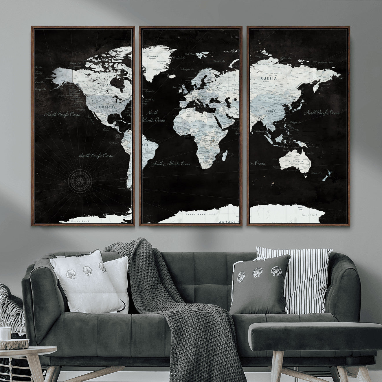 30759283-MGV-FC-48X32-3P - World Map Wall Art Canvas Print, Modern Decorative Framed Map Artwork Prints for Living Room, Office, Bedroom Wall Decor