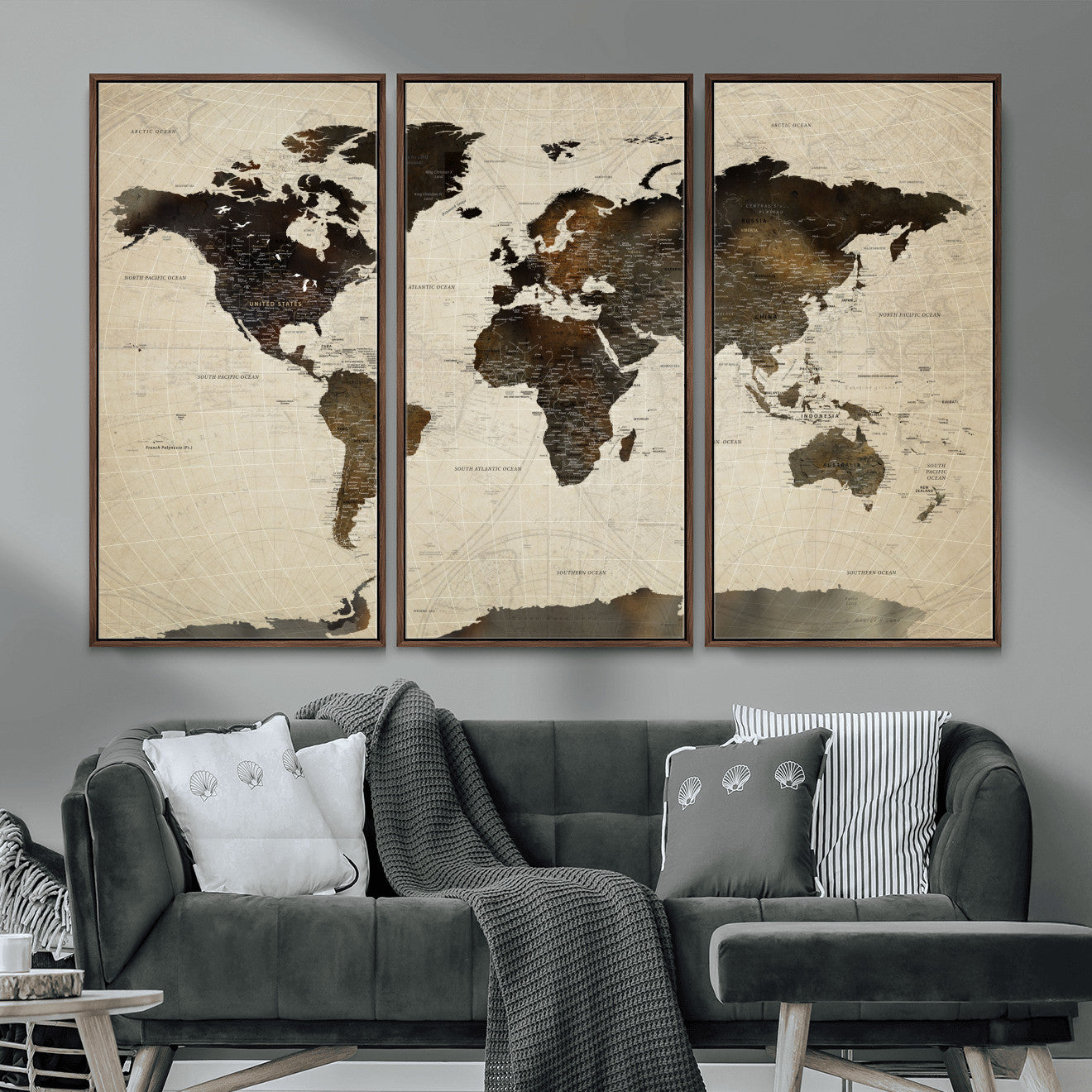 81771296-MGV-FC-48X32-3P - World Map Wall Art Canvas Print, Modern Decorative Framed Map Artwork Prints for Living Room, Office, Bedroom Wall Decor