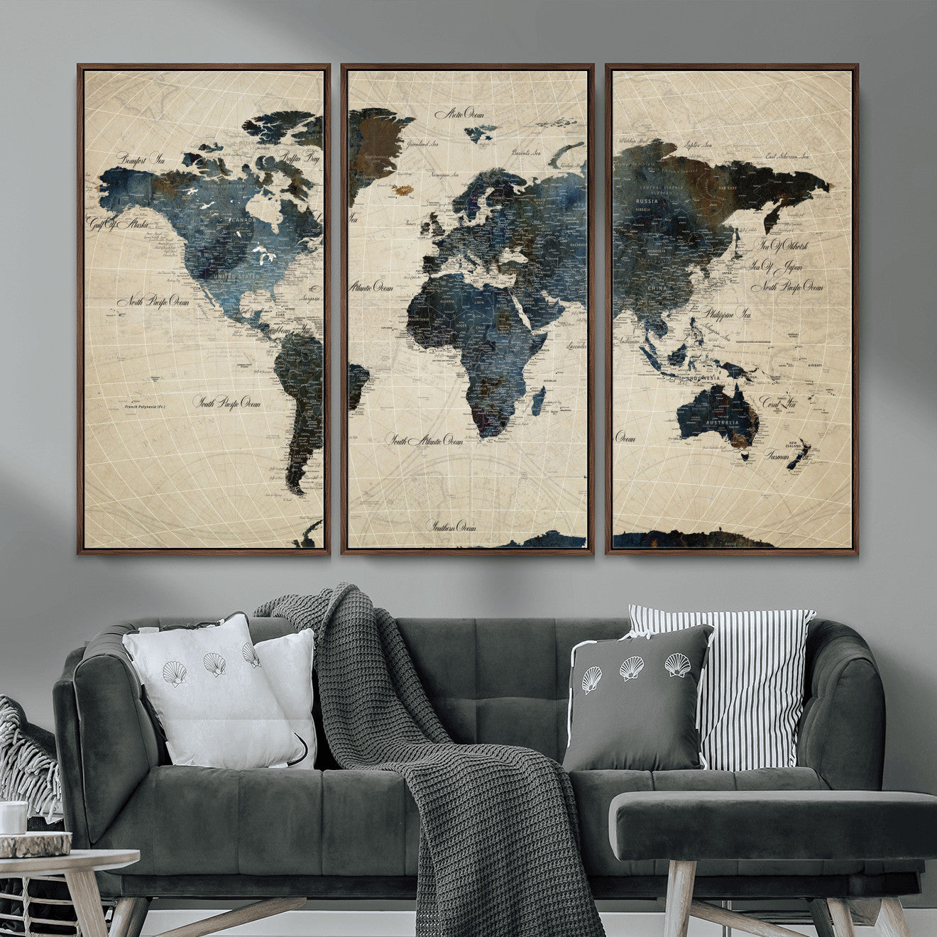 33438443-MGV-FC-48X32-3P - World Map Wall Art Canvas Print, Modern Decorative Framed Map Artwork Prints for Living Room, Office, Bedroom Wall Decor