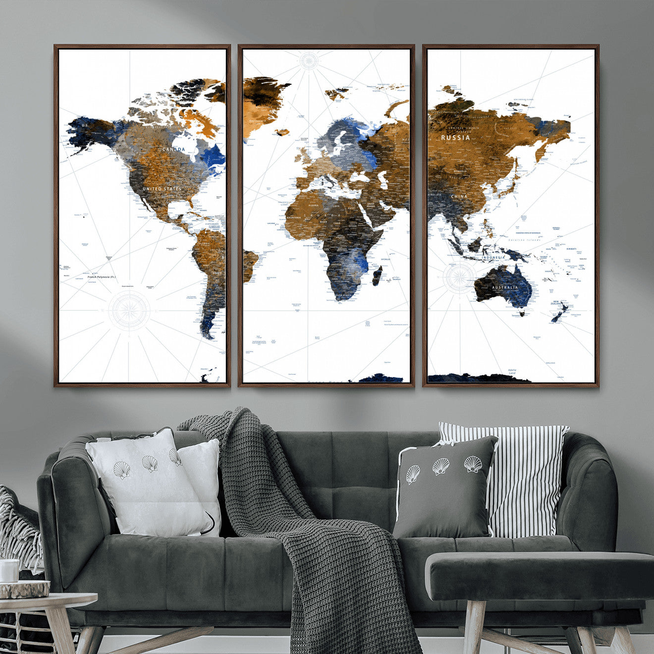 40862517-MGV-FC-48X32-3P - World Map Wall Art Canvas Print, Modern Decorative Framed Map Artwork Prints for Living Room, Office, Bedroom Wall Decor