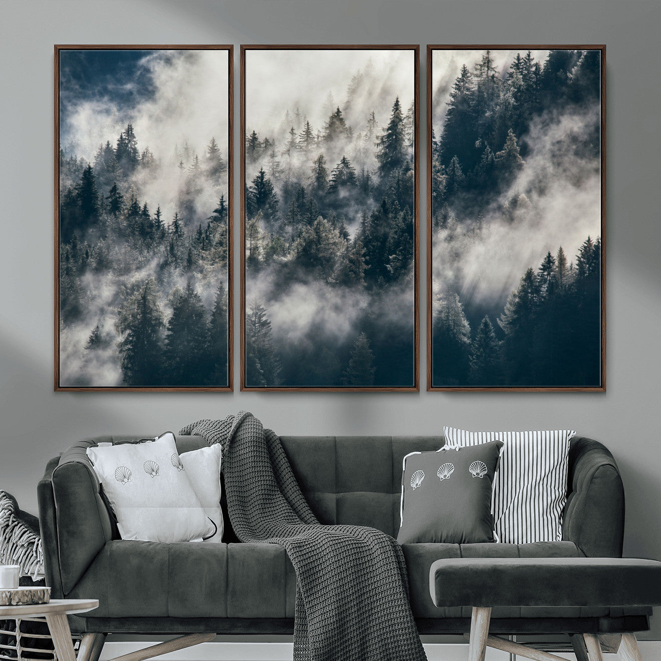 270372951-MGV-FC-48X32-3P - Misty Pine Forest Canvas Wall Art – Dark Forest Mountaing and Nature Landscape Print, Horizontal Canvas Print