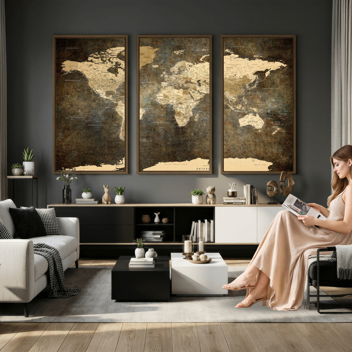 89742472-MGV-CV-36X24 - Large Framed Vintage World Map Wall Art Print for Home Wall