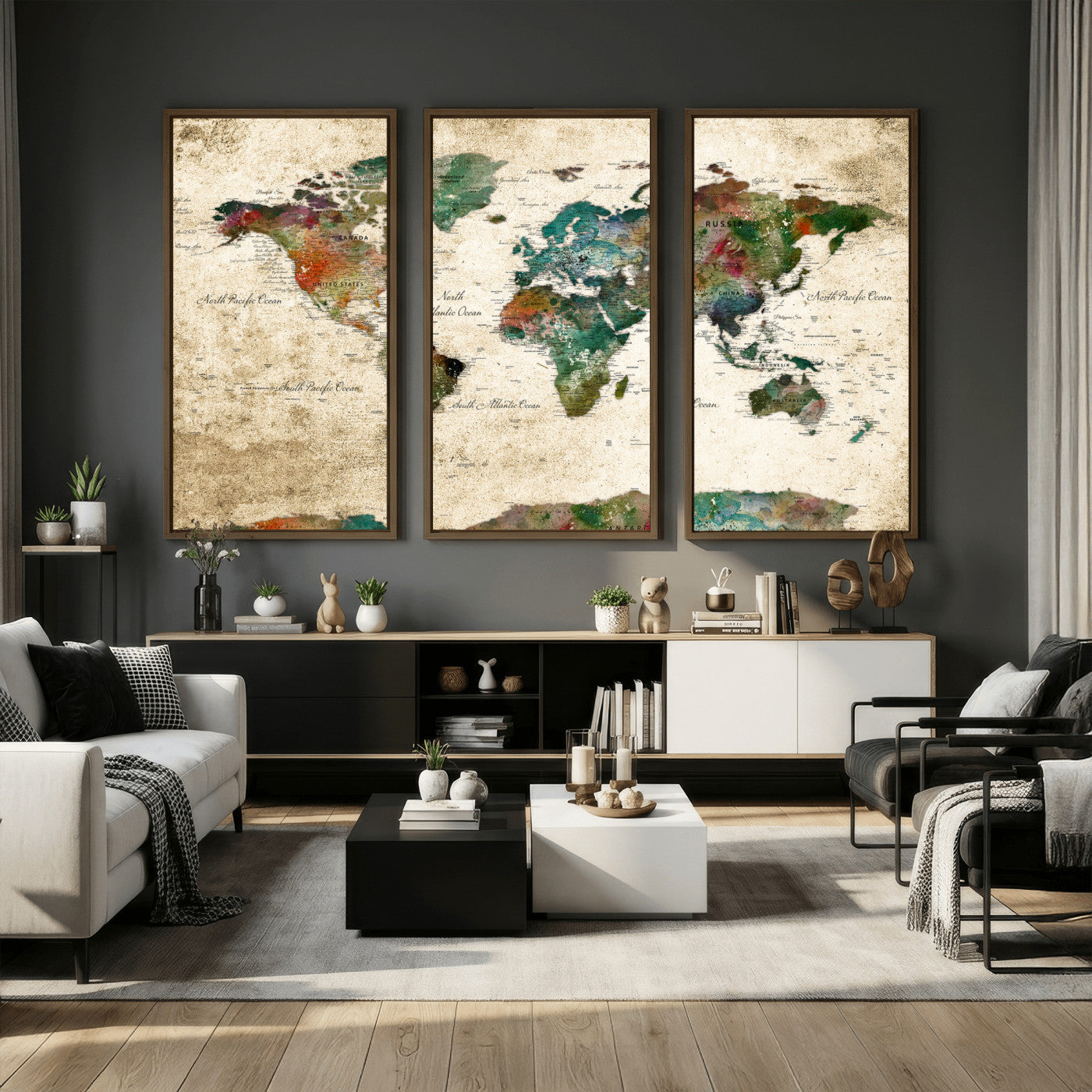 87544591-MGV-CV-36X24 - World Map Wall Art Canvas Print, Modern Decorative Framed Map Artwork Prints for Living Room, Office, Bedroom Wall Decor