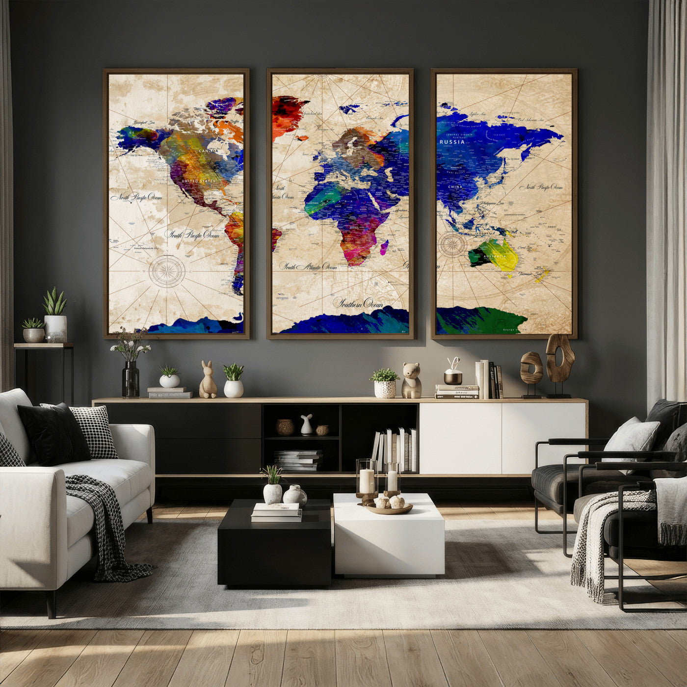 26284075-MGV-CV-36X24 - World Map Wall Art Canvas Print, Modern Decorative Framed Map Artwork Prints for Living Room, Office, Bedroom Wall Decor