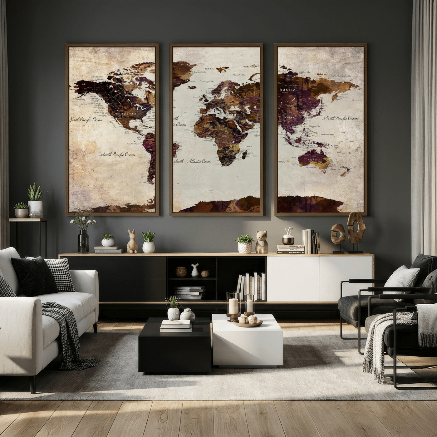 50611123-MGV-CV-36X24 - World Map Canvas Triptych – Colorful Global Wall Art for Living Rooms, Offices, and Study Spaces