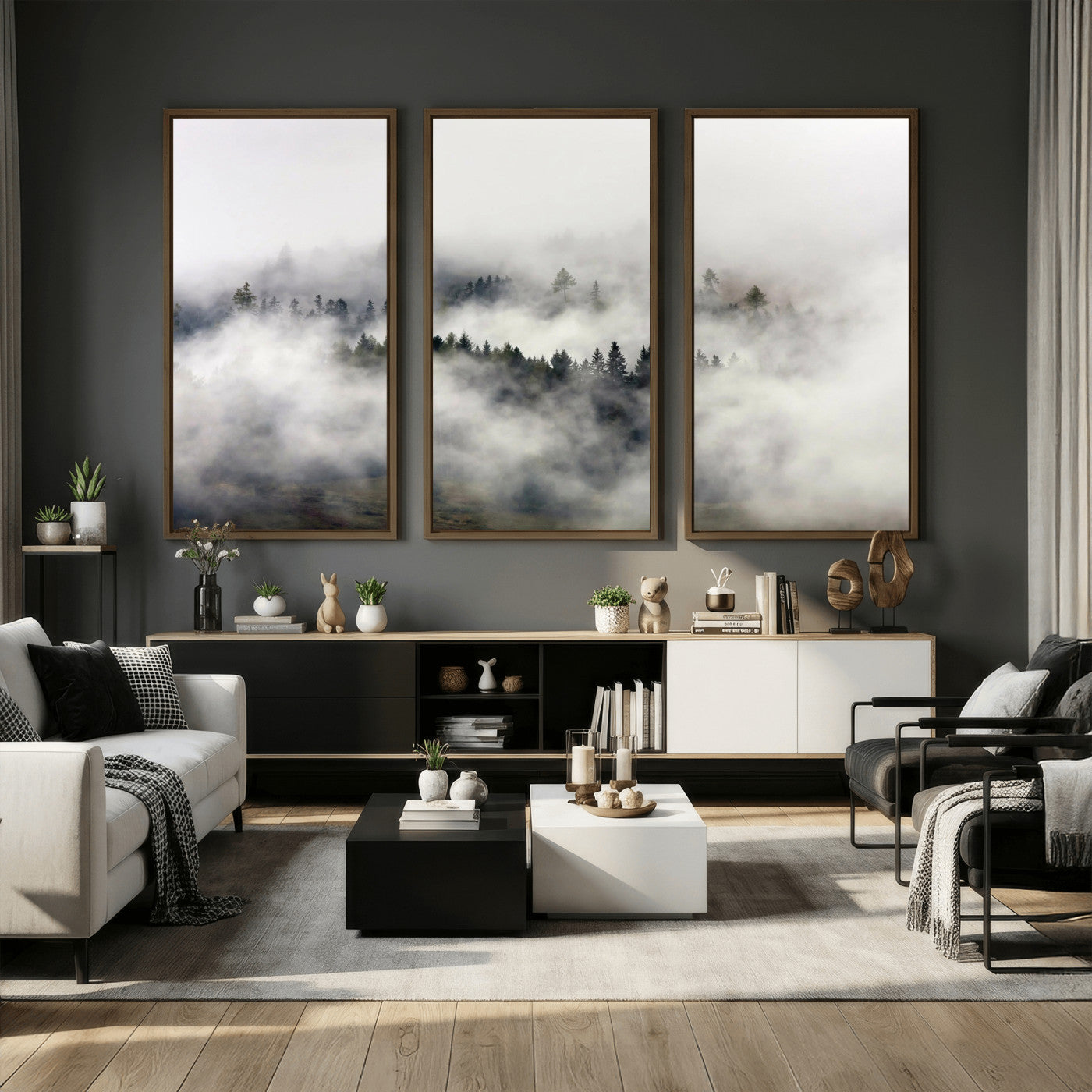 63235457-MGV-CV-36X24 - Foggy Forest Wall Art Canvas Print, Misty Pine Tree Landscape Wall Art Print, Framed Wall Art Ready to Hang