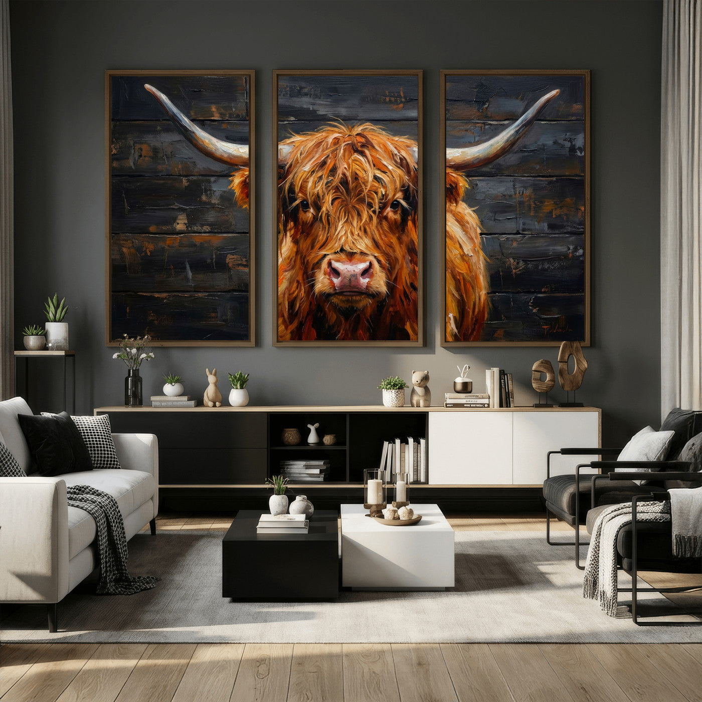 32536611-MGV-CV-36X24 - Highland Cow Wall Art Canvas Print, Rustic Farm Animal Painting, Framed Wall Art Ready to Hang