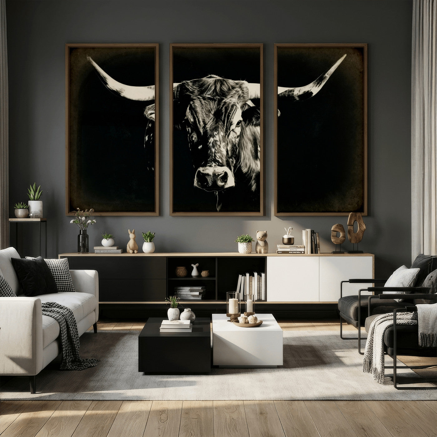 91364114-MGV-CV-36X24 - Black Bull Wall Art Canvas Print, Texas Longhorn Portrait Print, Framed Wall Art Ready to Hang