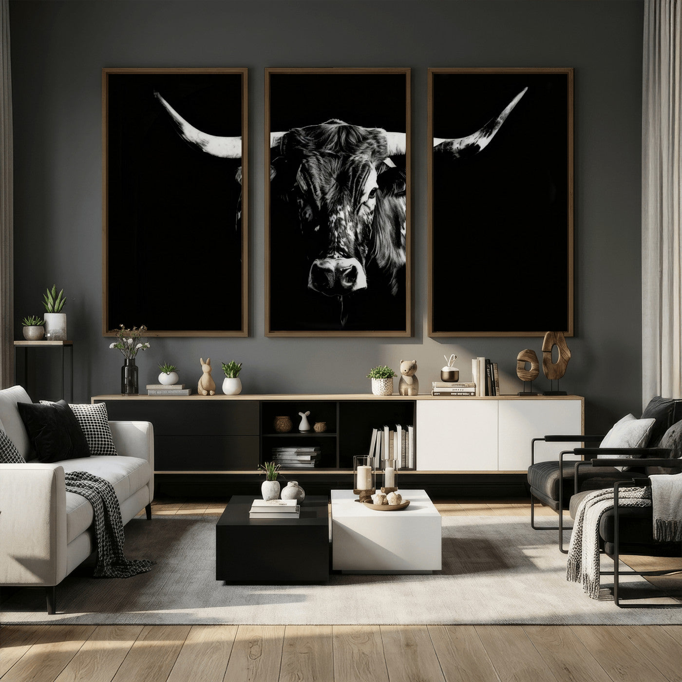 21436434-MGV-CV-36X24 - Black Bull Wall Art Canvas Print, Dark Longhorn Portrait Photography, Framed Wall Art Ready to Hang