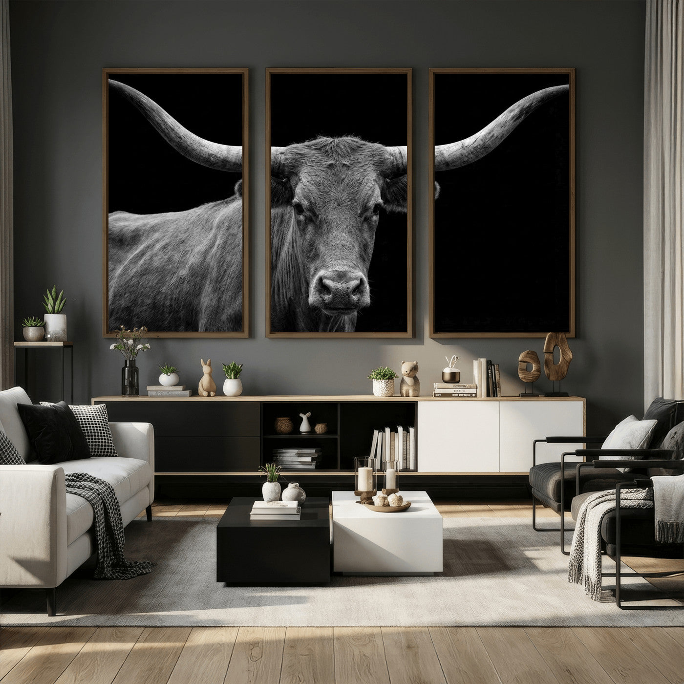 32601430-MGV-CV-36X24 - Texas Longhorn Bull Wall Art Canvas Print, Cow Portrait Photography, Framed Wall Art Ready to Hang