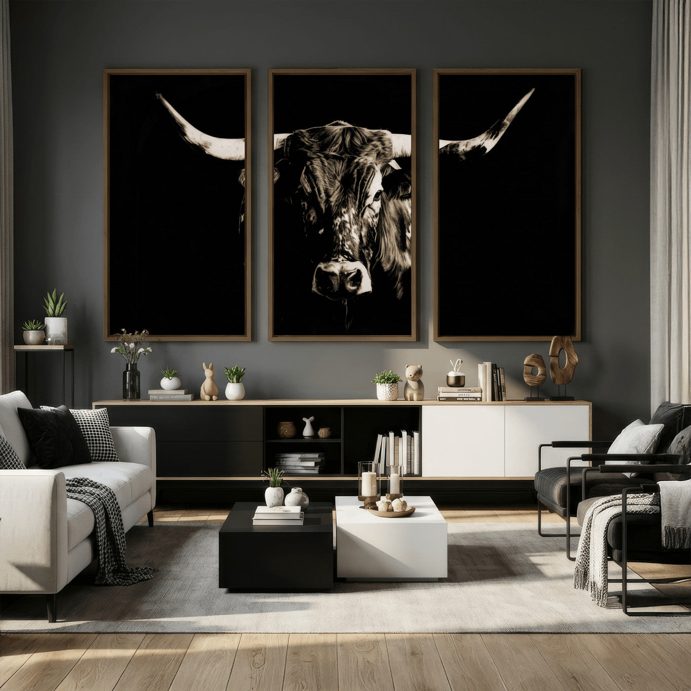 75774468-MGV-CV-36X24 - Black Bull Wall Art Canvas Print, Dark Longhorn Portrait Photography, Framed Wall Art Ready to Hang