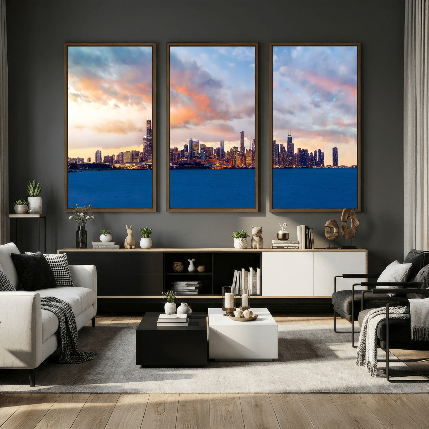 34667960-MGV-CV-36X24 - Chicago Wall Art Canvas Print, Chicago City Downtown Night Cityscape Print for Modern Urban Wall Decor