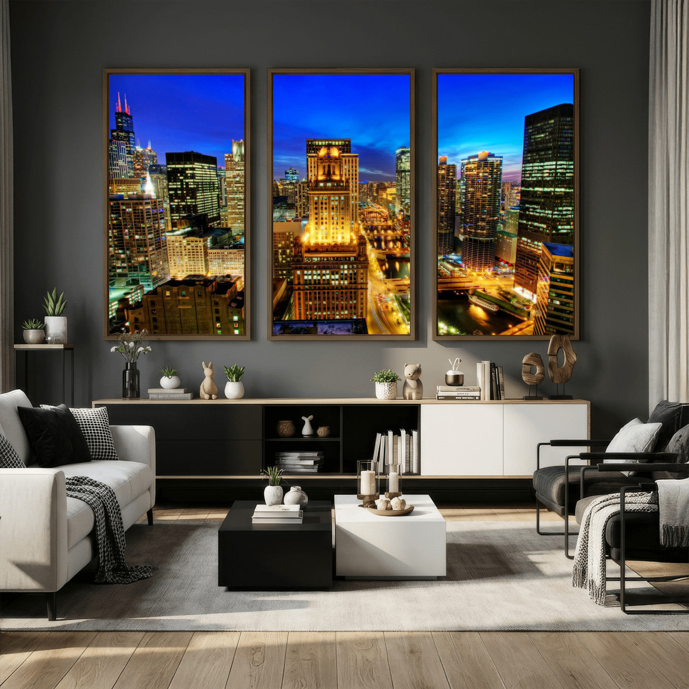 46298885-MGV-CV-36X24 - Chicago Wall Art Canvas Print, Chicago City Downtown Night Cityscape Print for Modern Urban Wall Decor