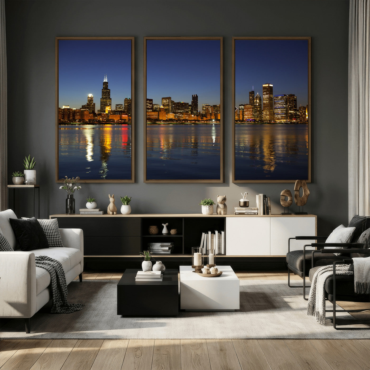 67308035-MGV-CV-36X24 - Chicago Wall Art Canvas Print, Chicago City Downtown Night Cityscape Print for Modern Urban Wall Decor