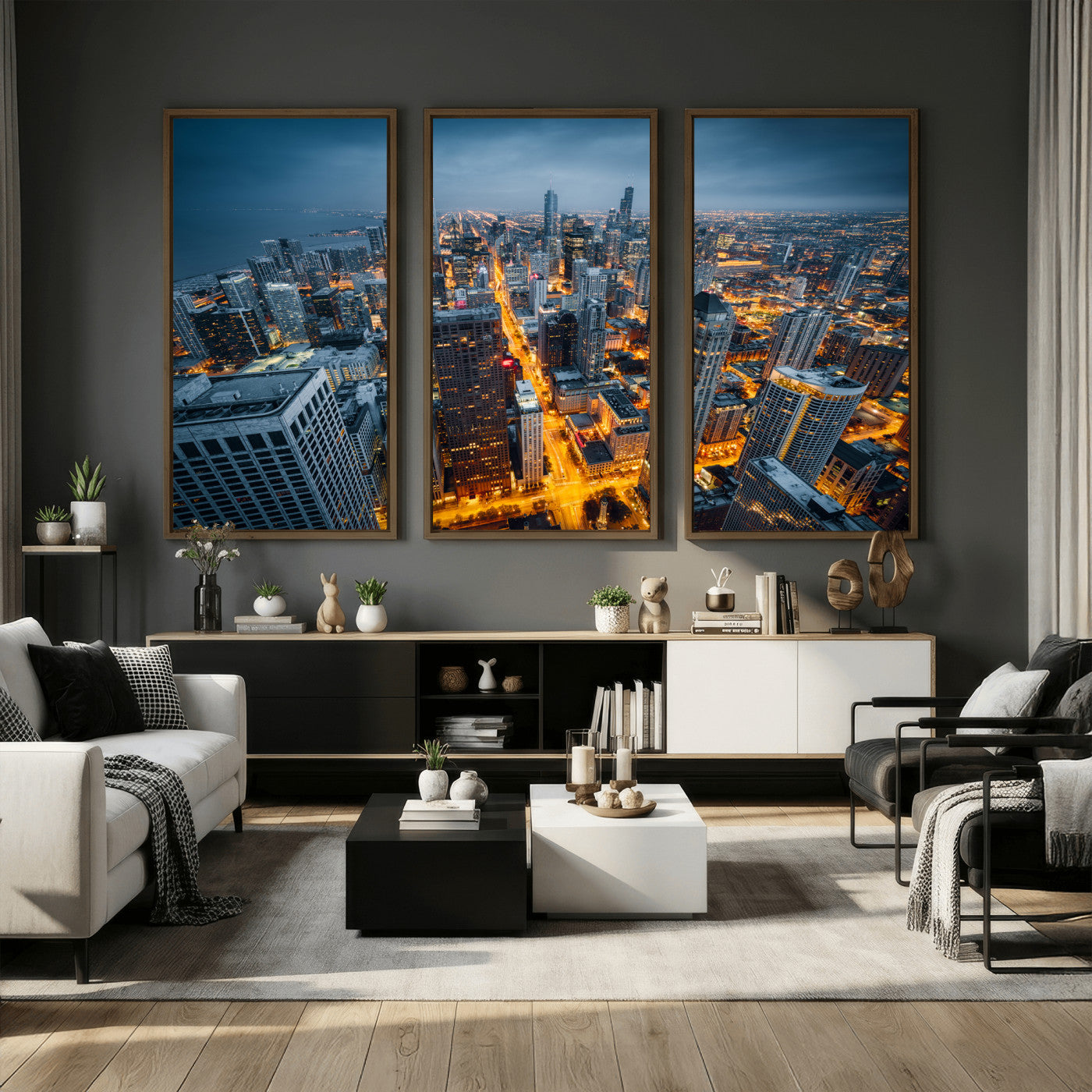 81742538-MGV-CV-36X24 - Chicago Wall Art Canvas Print, Chicago City Downtown Night Cityscape Print for Modern Urban Wall Decor