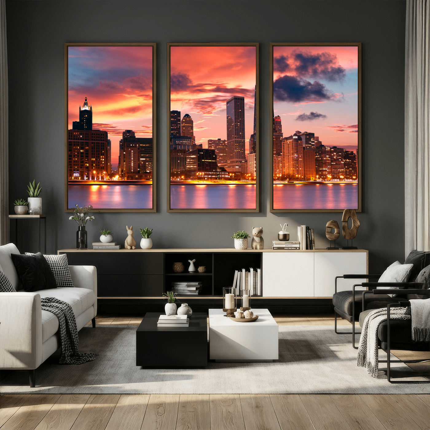 80390109-MGV-CV-36X24 - Chicago Wall Art Canvas Print, Chicago City Downtown Night Cityscape Print for Modern Urban Wall Decor