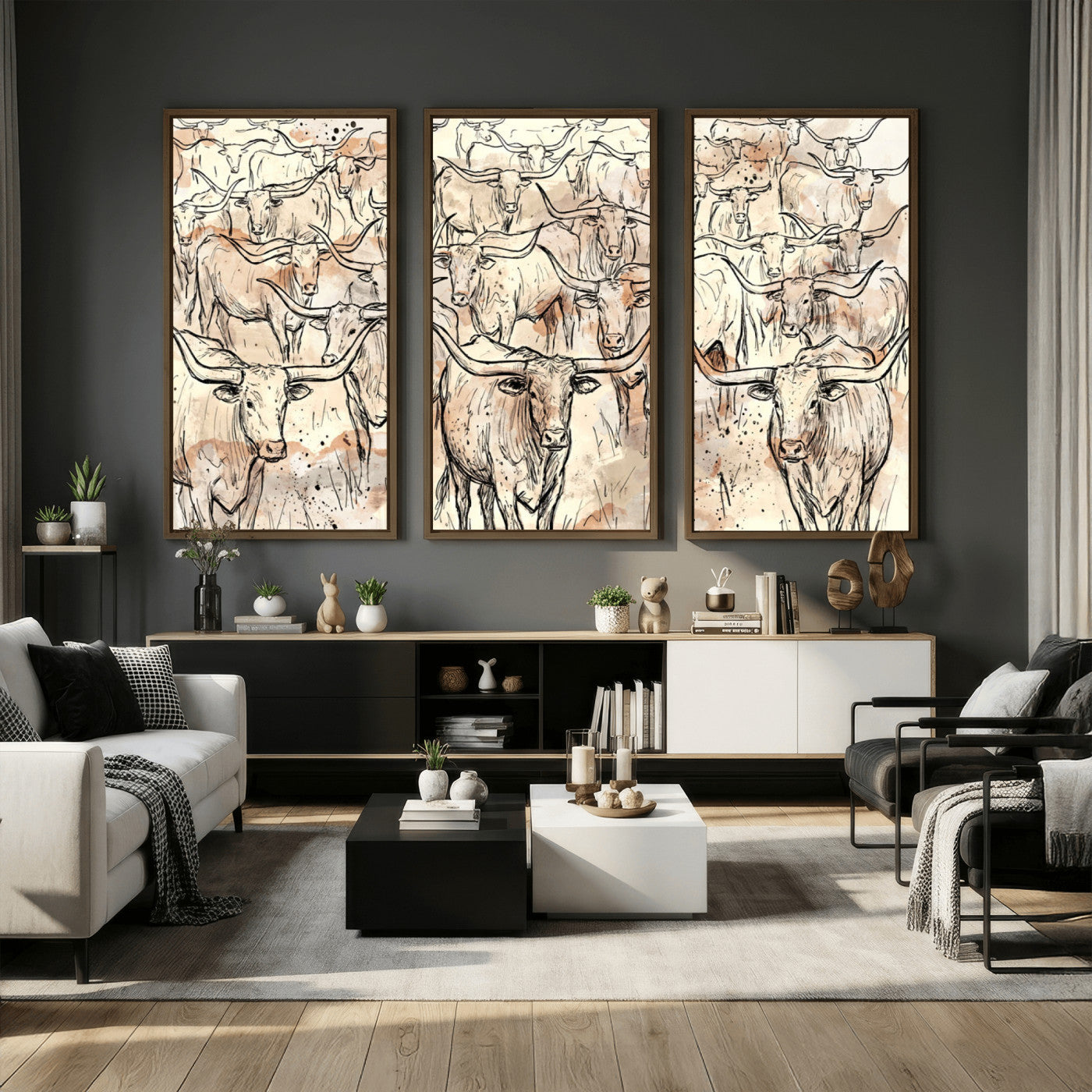 94055403-MGV-CV-36X24 - Farmhouse Animals Wall Art Canvas Print - Abstract Farm Animal Drawing Mid-Century Wall Art for Cabin Decor