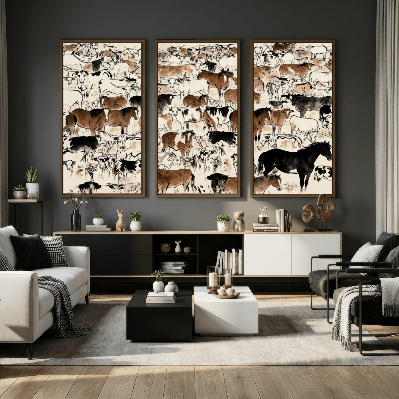 86150485-MGV-CV-36X24 - Farmhouse Animals Wall Art Canvas Print - Abstract Farm Animal Drawing Mid-Century Wall Art for Cabin Decor