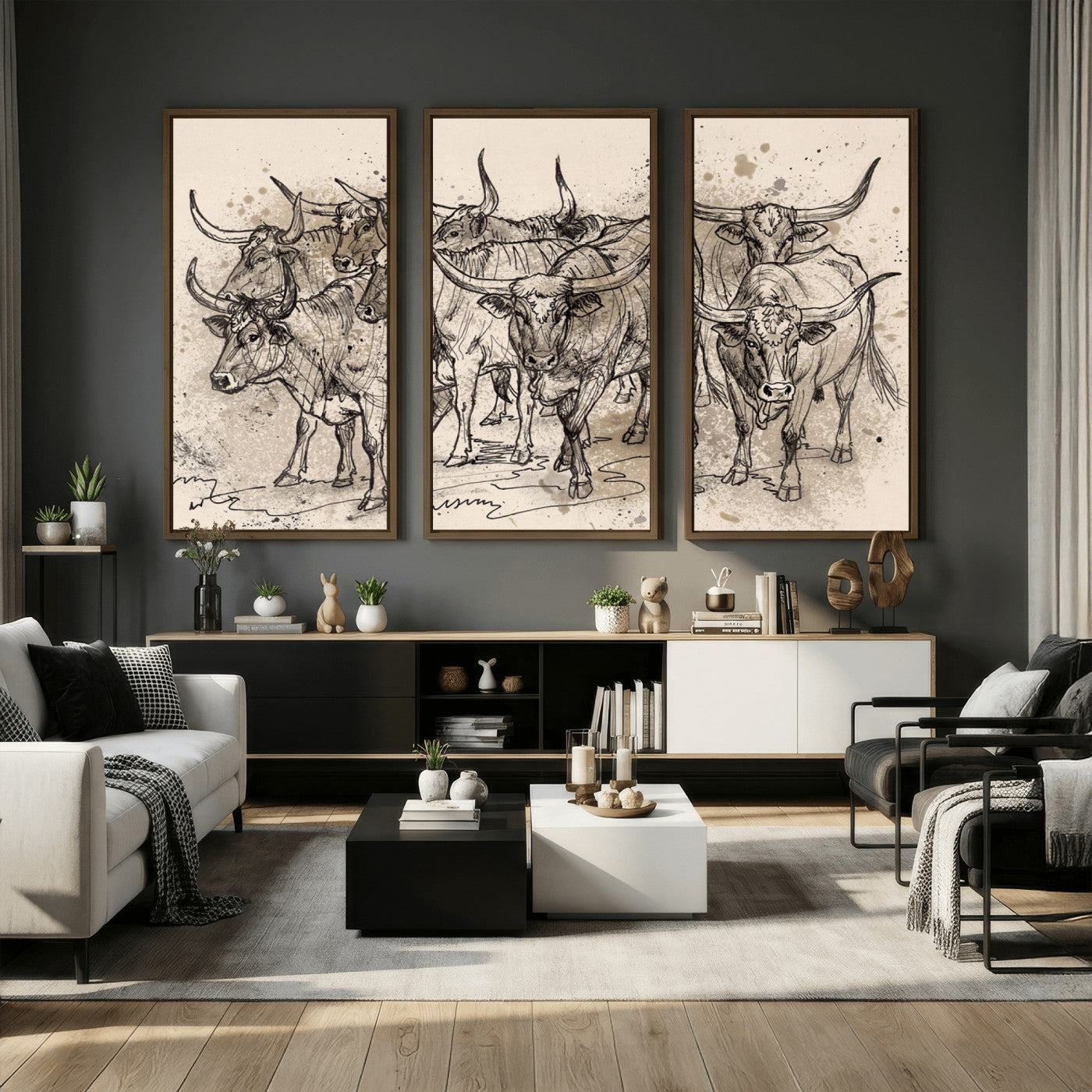 74232558-MGV-CV-36X24 - Farmhouse Animals Wall Art Canvas Print - Abstract Farm Animal Drawing Mid-Century Wall Art for Cabin Decor