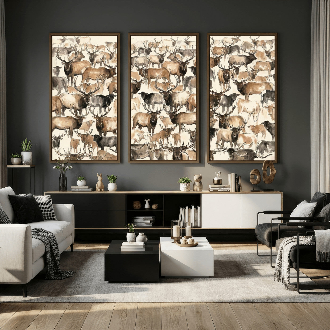 24374881-MGV-CV-36X24 - Farmhouse Animals Wall Art Canvas Print - Abstract Farm Animal Drawing Mid-Century Wall Art for Cabin Decor