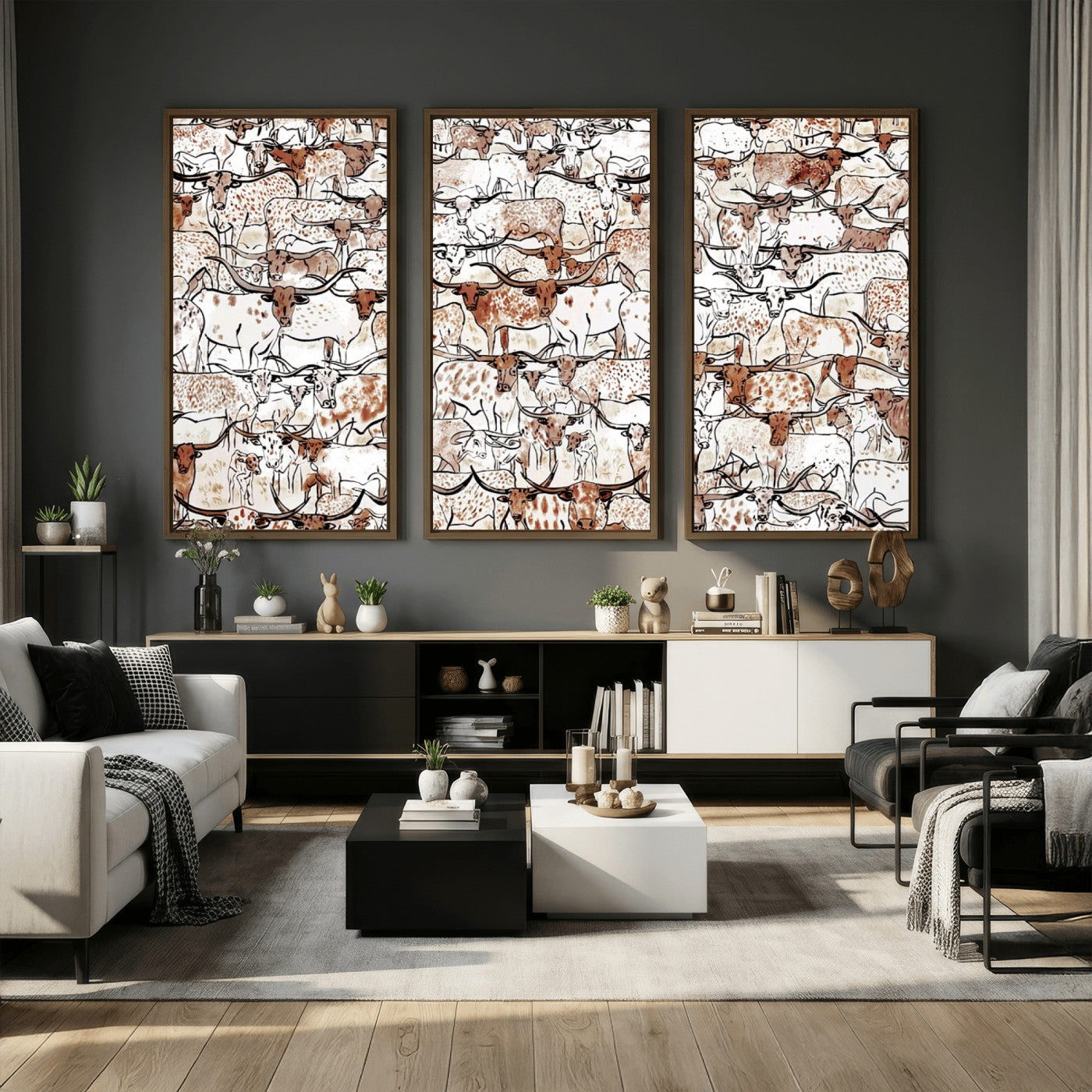 71869761-MGV-CV-36X24 - Farmhouse Animals Wall Art Canvas Print - Abstract Farm Animal Drawing Mid-Century Wall Art for Cabin Decor