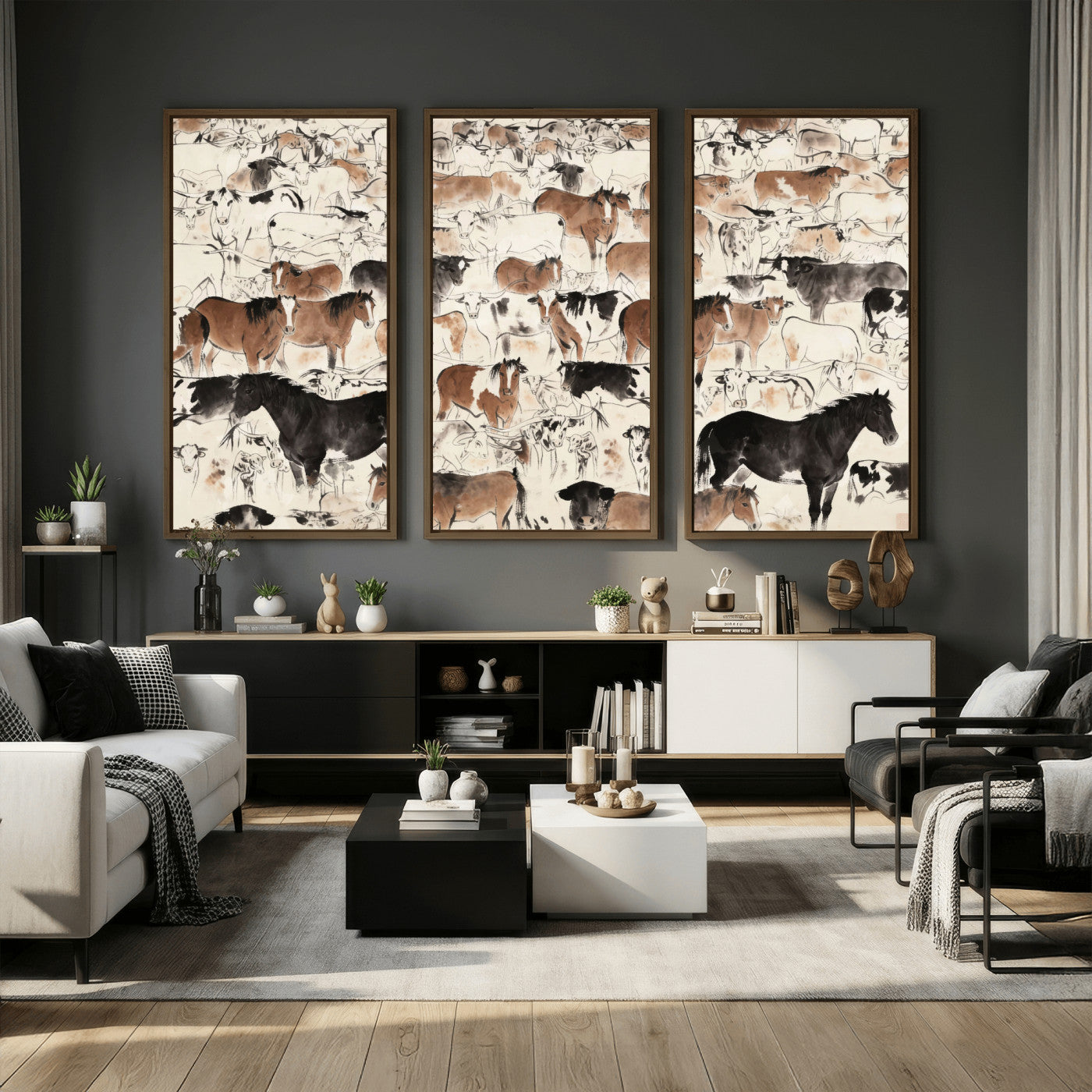 74171578-MGV-CV-36X24 - Farmhouse Animals Wall Art Canvas Print - Abstract Farm Animal Drawing Mid-Century Wall Art for Cabin Decor