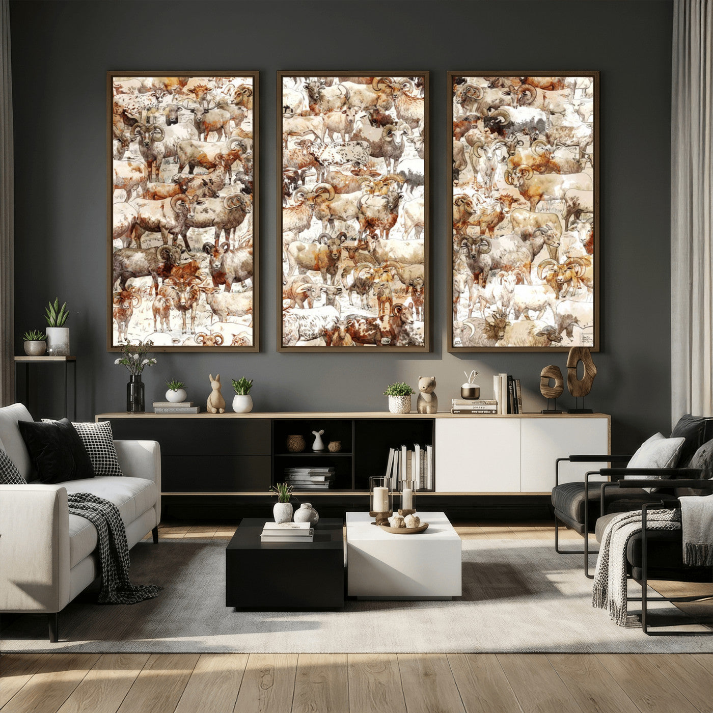 95103864-MGV-CV-36X24 - Farmhouse Animals Wall Art Canvas Print - Abstract Farm Animal Drawing Mid-Century Wall Art for Cabin Decor