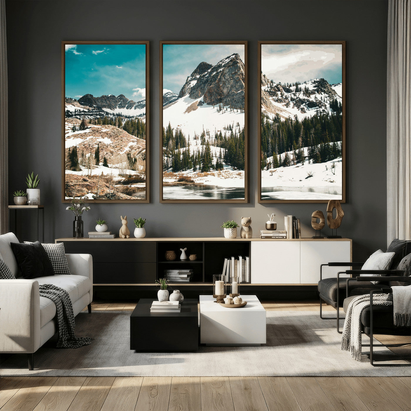 56837070-MGV-CV-36X24 - Snowy Mountain Landscape Wall Art Canvas Print, Alpine Pine Forest Winter Nature Wall Decor for Living Room and Office