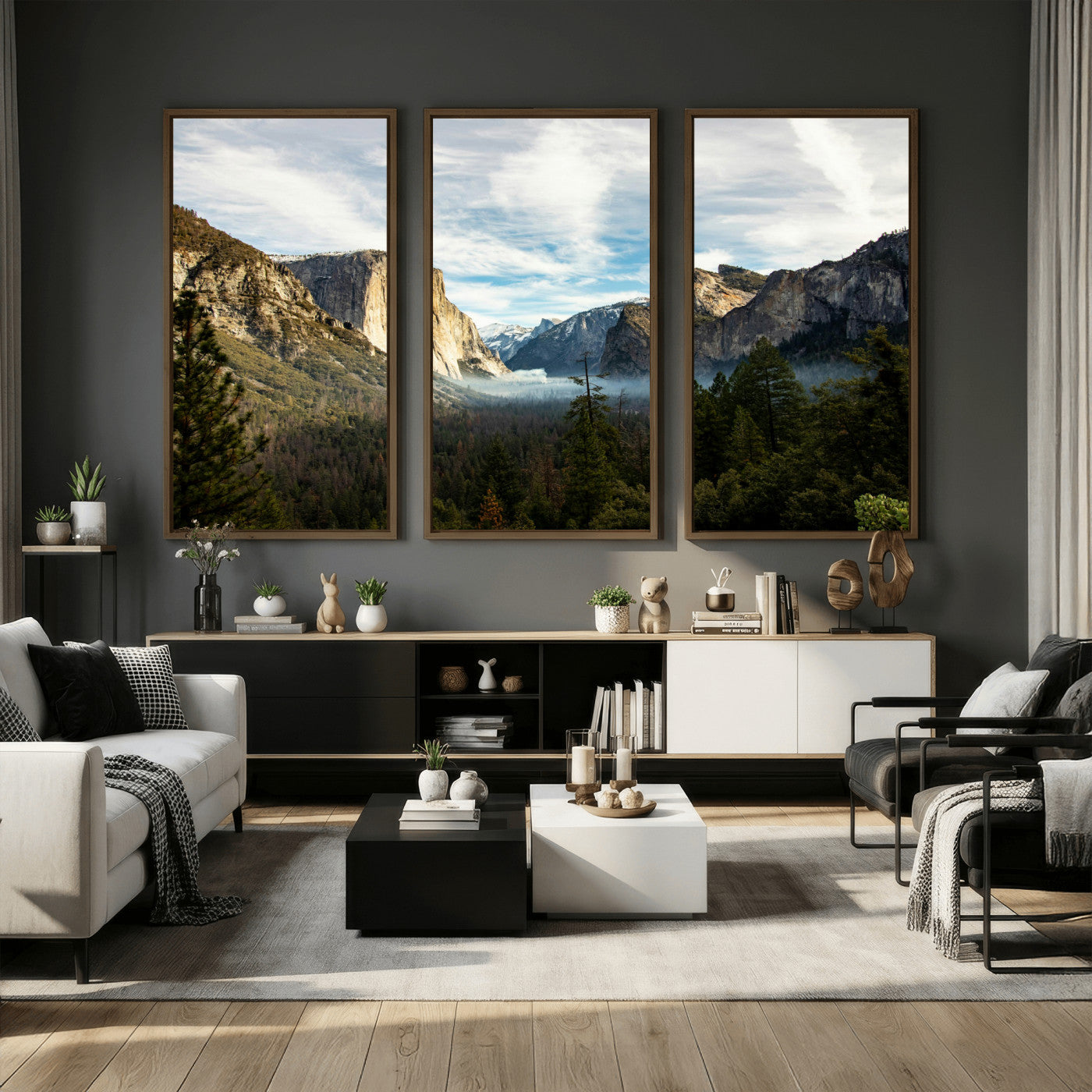 15089394-MGV-CV-36X24 - Yosemite Valley Mountain Landscape Wall Art Canvas Print, Granite Cliff Forest Valley Canvas Print, California National Park Scenic Art Printing