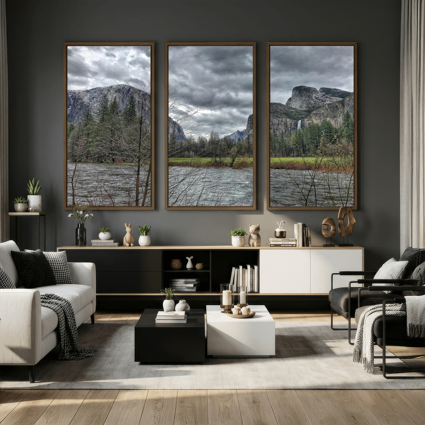 75582552-MGV-CV-36X24 - Yosemite Valley River Landscape Wall Art Canvas Print, Granite Cliffs Forest River Canvas Print, California National Park Moody Scenic Art Printi