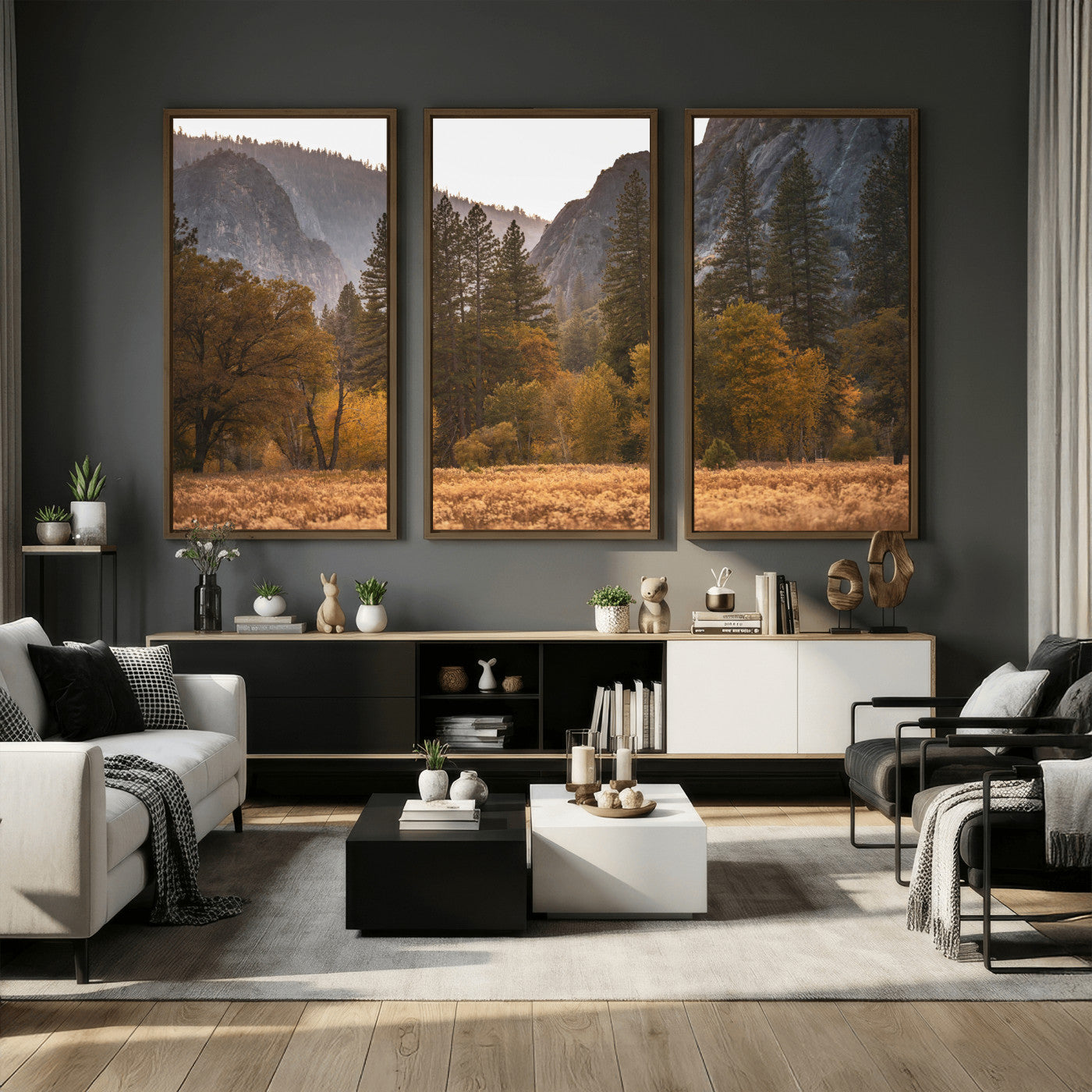 61682763-MGV-CV-36X24 - Yosemite Valley Autumn Forest Landscape Wall Art Canvas Print, Granite Mountain Pine Trees Canvas Print, California National Park Fall Scenic Art Printing