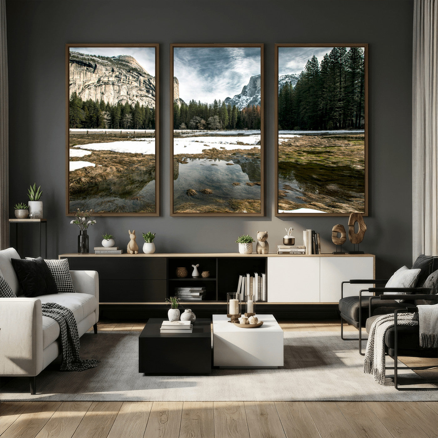 14527348-MGV-CV-36X24 - Yosemite Valley Mountain Landscape Wall Art Canvas Print, Granite Cliff Forest Valley Canvas Print, California National Park Scenic Art Printing