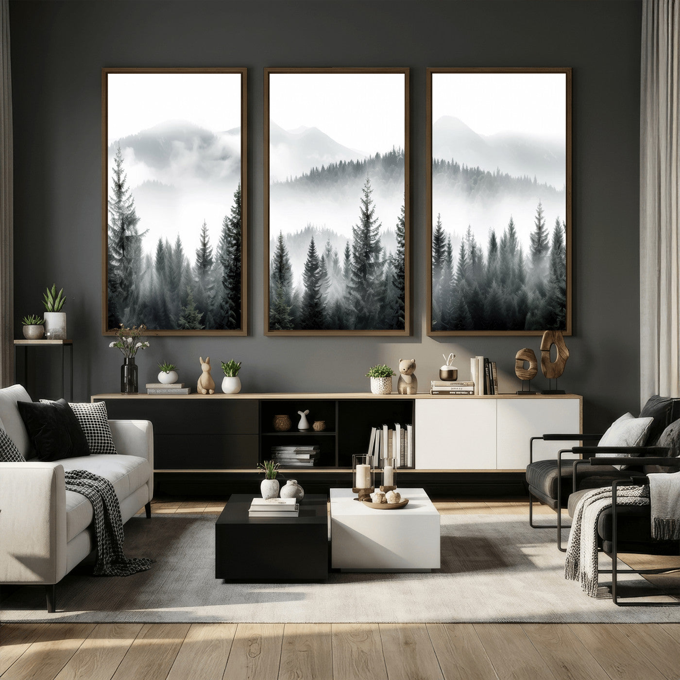 38819032-MGV-CV-36X24 - Misty Pine Forest Mountain Landscape Wall Art Canvas Print, Foggy Evergreen Trees Minimal Nature Canvas Print, Monochrome Wilderness Scenic Art Printing