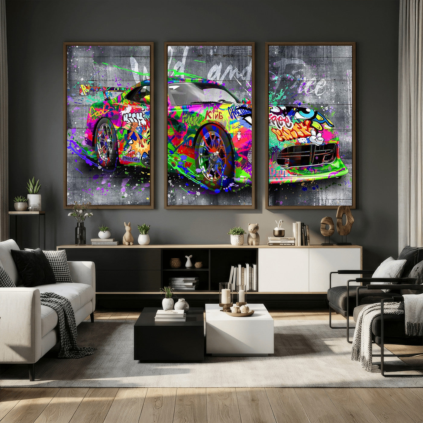 95314968-MGV-CV-36X24 - Graffiti Sports Car Street Art Wall Art Canvas Print, Colorful Urban Supercar Pop Art Canvas Print, Modern Graffiti Car Contemporary Art Printing