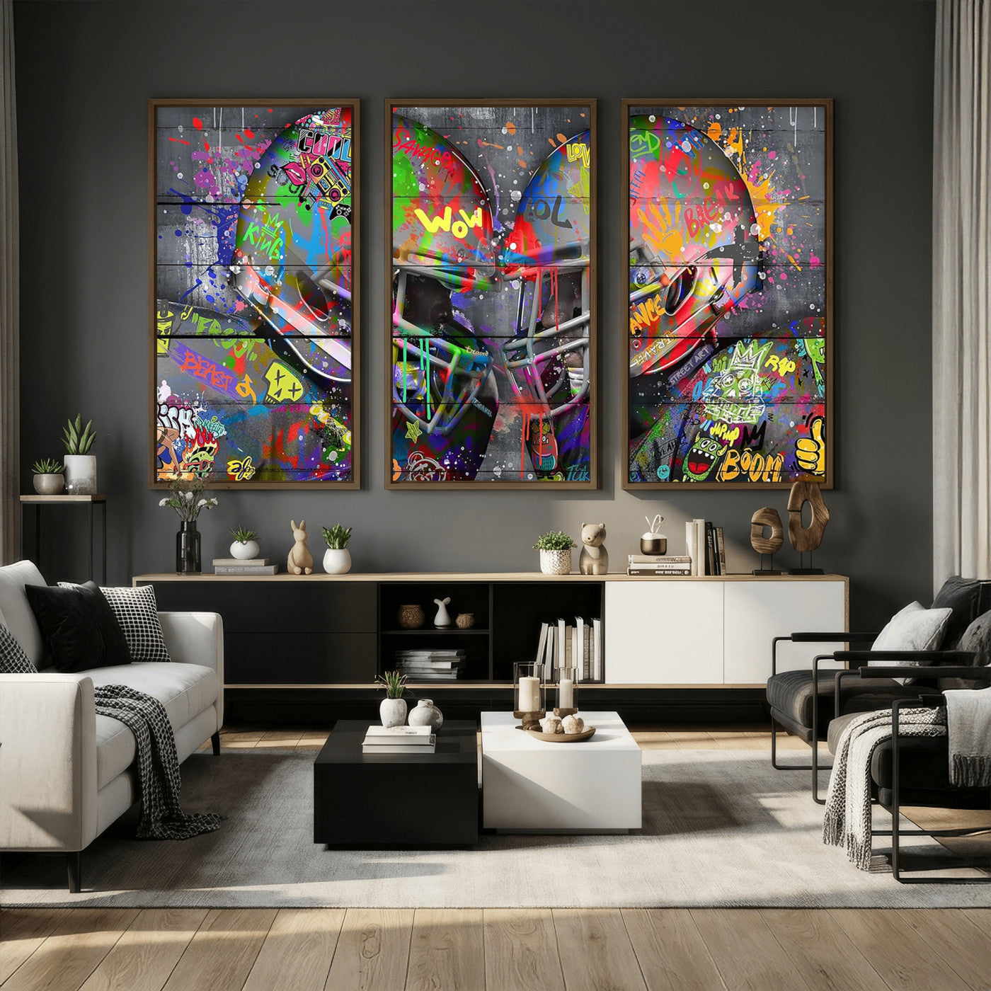 15309853-MGV-CV-36X24 - Graffiti Football Helmets Wall Art Canvas Print, Urban Street Art Sports Decor, Colorful American Football Graffiti Artwork