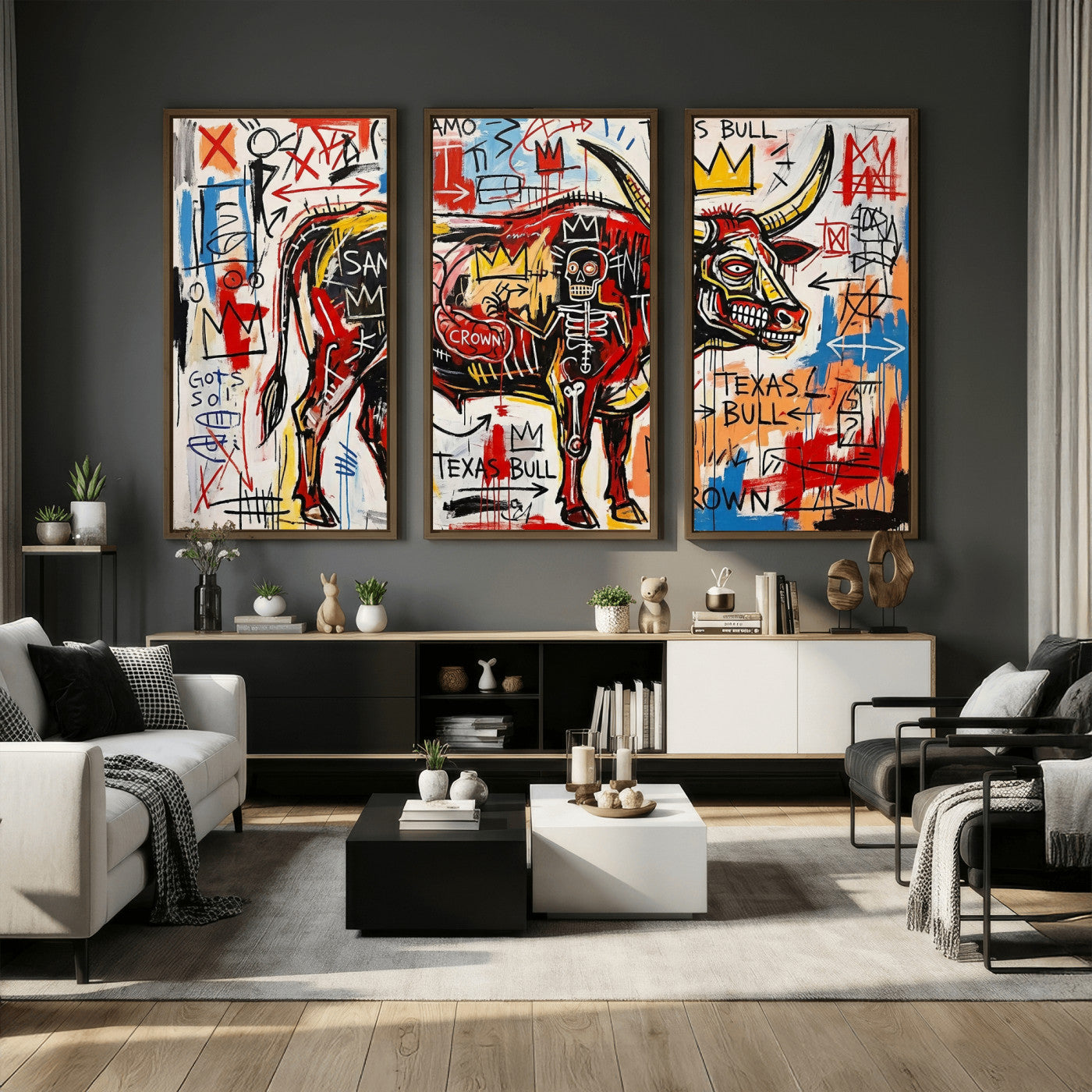 89504579-MGV-CV-36X24 - TITLE: Texas Bull Wall Art Canvas Print, Abstract Graffiti Bull Painting, Western Animal Art, Modern Ranch Decor