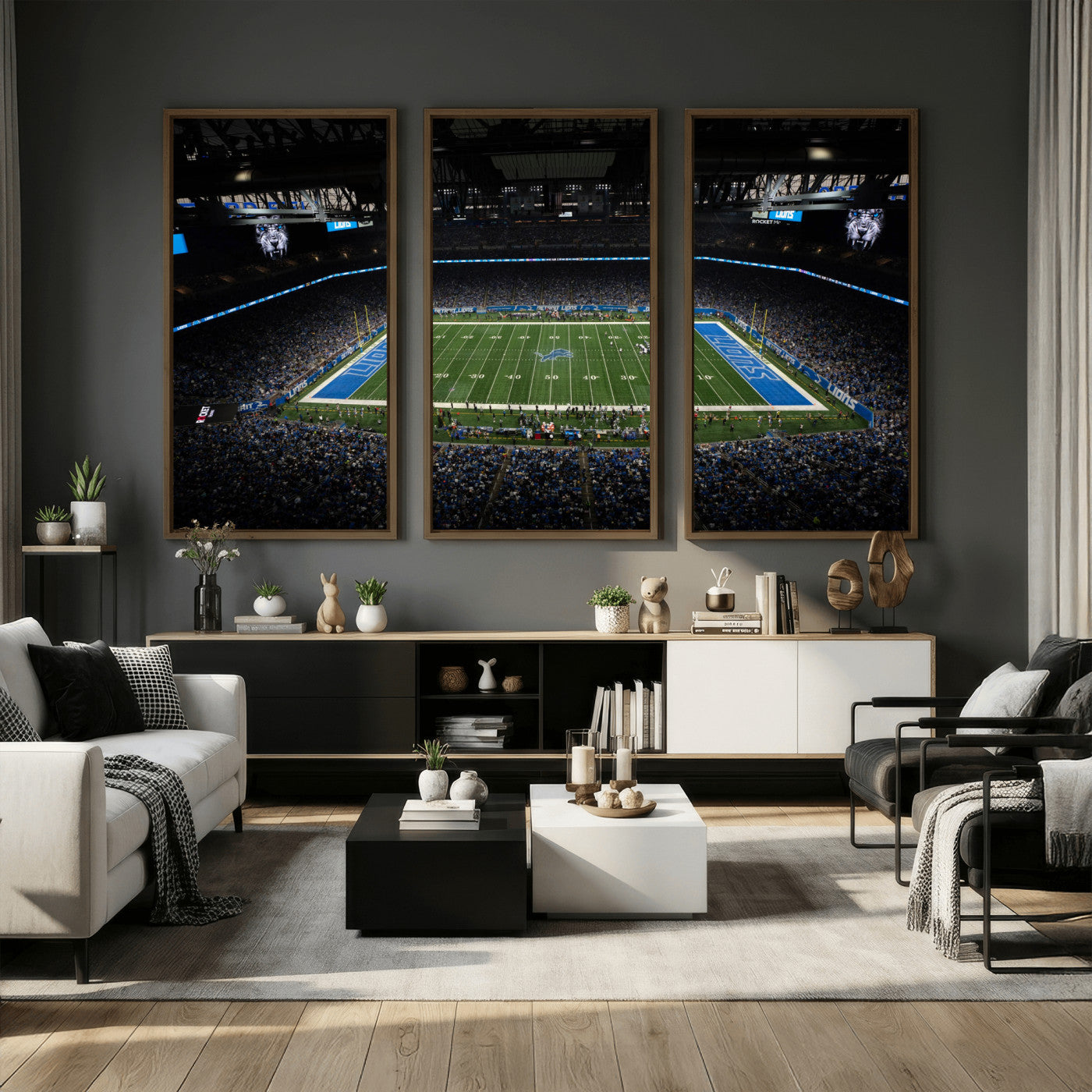 16709602-MGV-CV-36X24 - Detroit Lions Stadium Wall Art Canvas Print, Football Field Panorama Artwork, NFL Game Night Stadium Decor