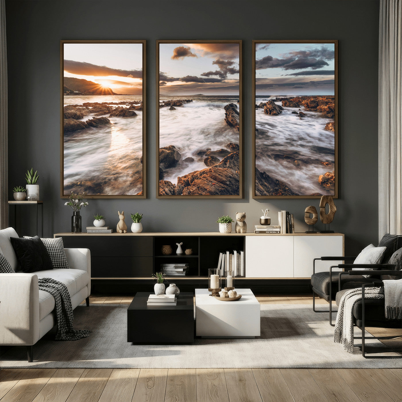 66746024-MGV-CV-36X24 - Rocky Coast Ocean Sunset Wall Art Canvas Print, Dramatic Seascape Nature Wall Decor for Living Room and Office
