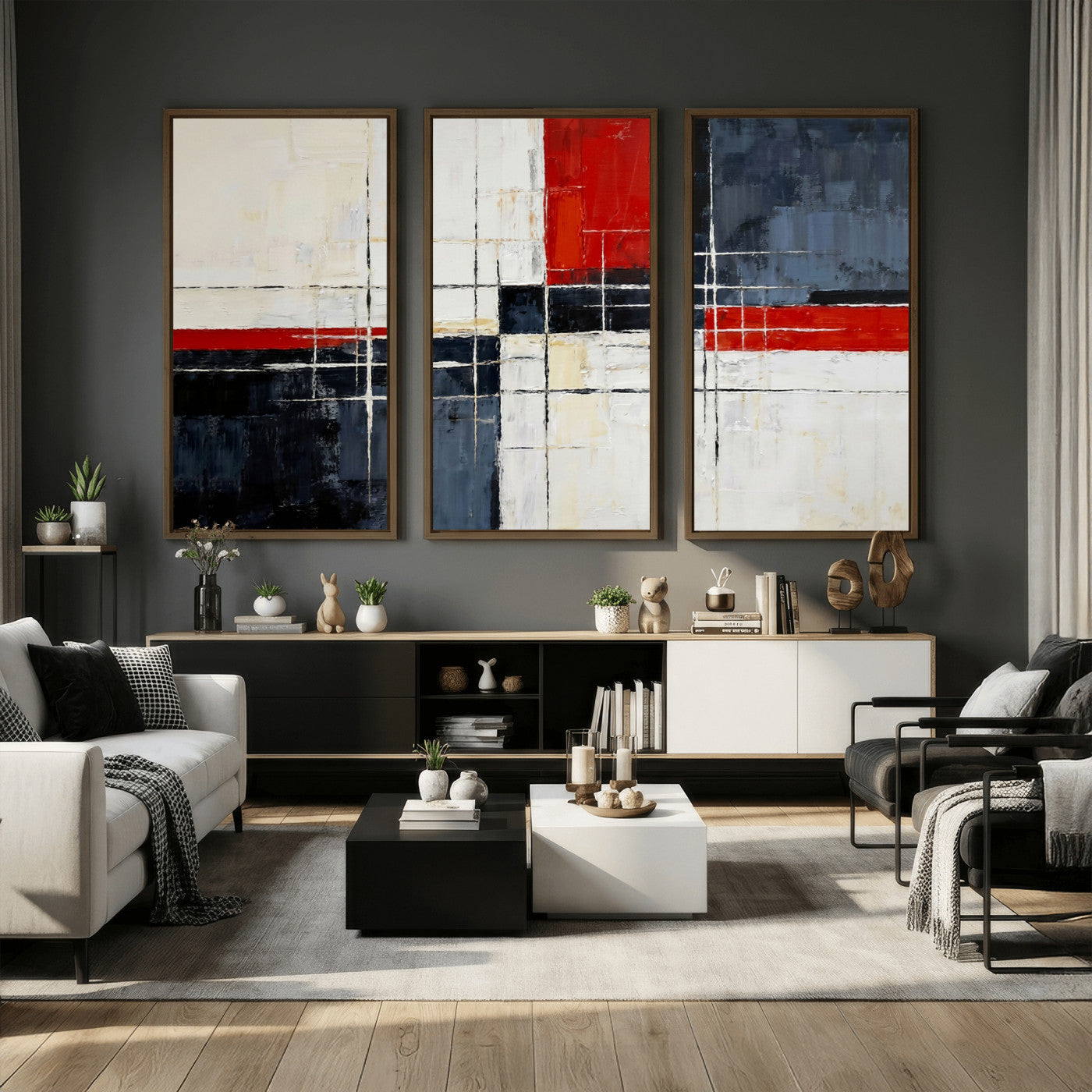 11921181-MGV-CV-36X24 - Navy Red Abstract Wall Art Canvas Print, Modern Luxury Geometric Painting Wall Decor for Living Room and Office