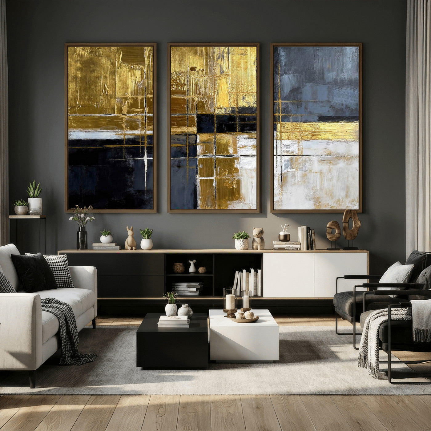 76917030-MGV-CV-36X24 - Gold Navy Abstract Wall Art Canvas Print, Modern Luxury Geometric Painting Wall Decor for Living Room and Office